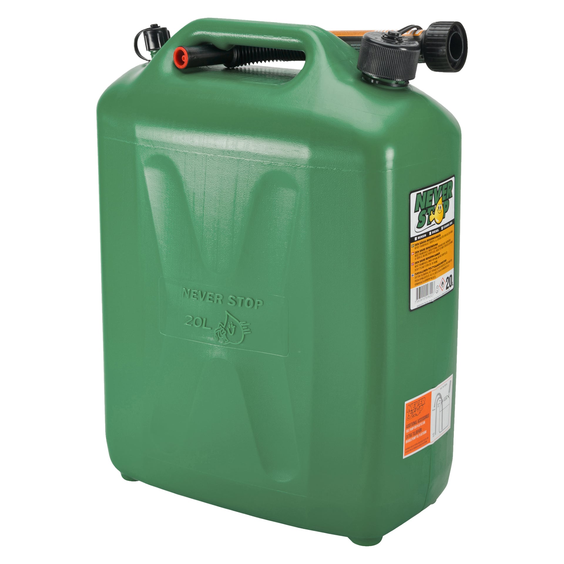 En grön 20-liters plastdunk från Never Stop, designad med handtag, pip och skruvlock. Framsidan innehåller texten "NEVER STOP 20L" samt produktetiketter för instruktioner och varumärke. Kroppen har ett X-format förstärkningsmönster.