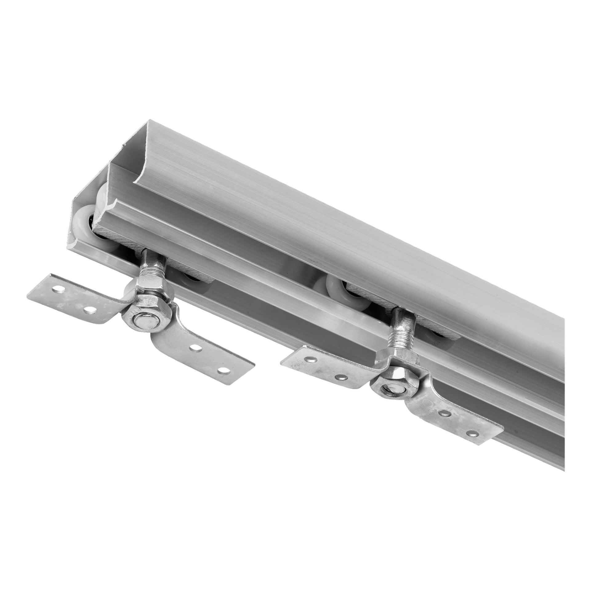 Nærbilde av en Hard Head aluminiumskinne med to skyvebraketter og ruller festet, designet for tak- eller veggmontering.