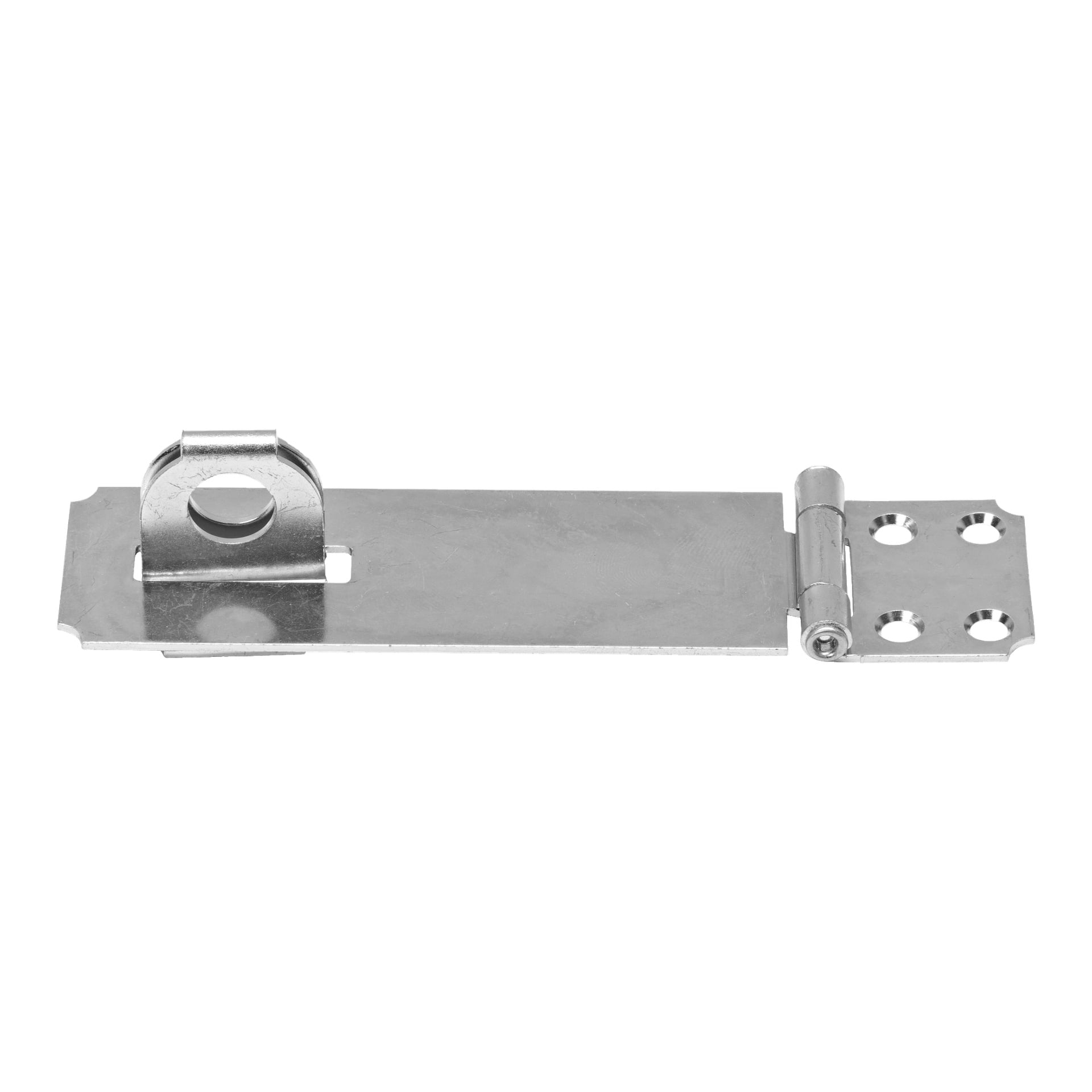 Hard Head Hasp är en silverfärgad metalllås med en gångjärnsförsedd platta, fyra hål för montering och en ögla designad för att passa ett hänglås.