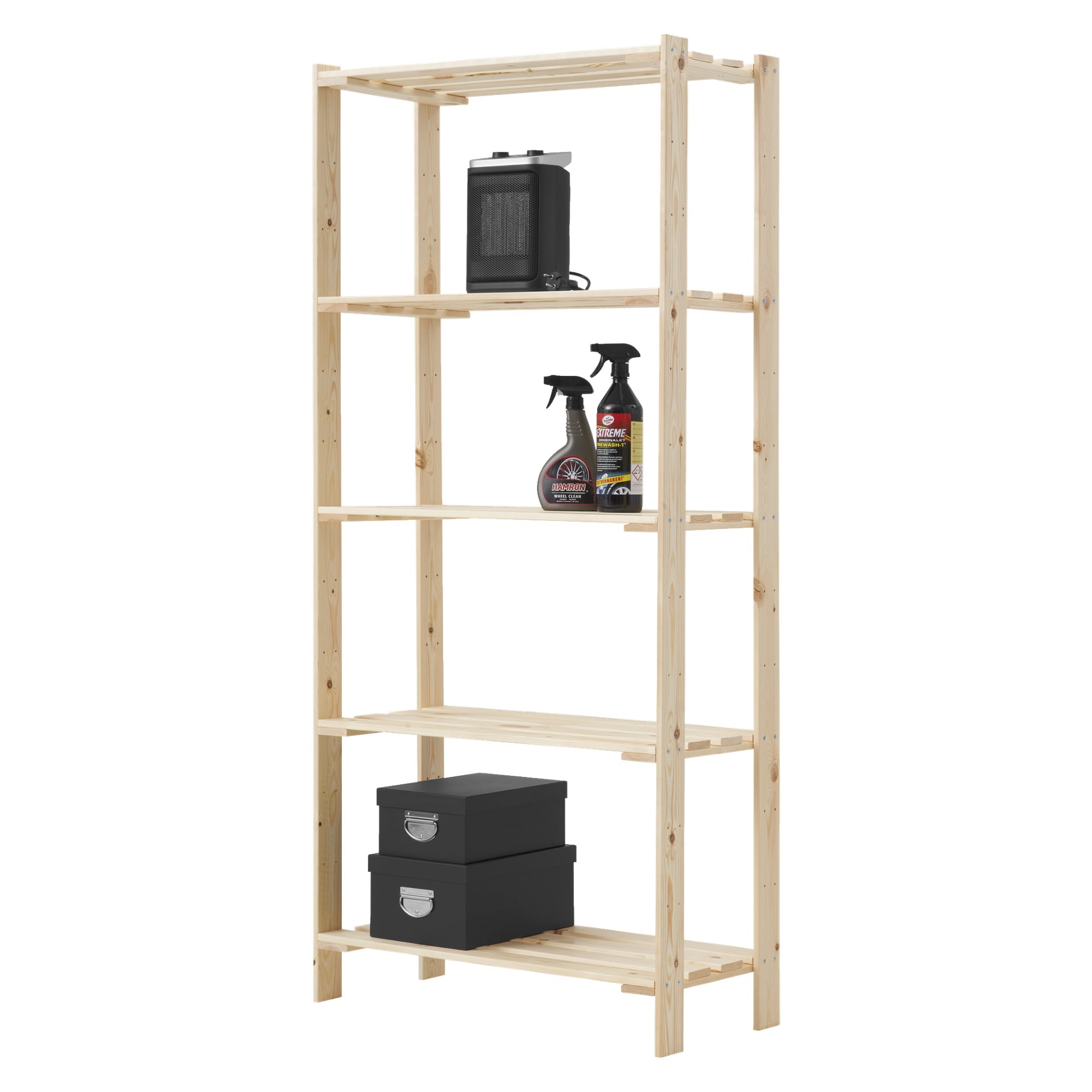 Półka Hard Head Storage z pięcioma równomiernie rozmieszczonymi półkami z jasnego drewna prezentuje mały grzejnik, dwie butelki ze spryskiwaczem i dwa ułożone w siebie czarne pudełka do przechowywania.