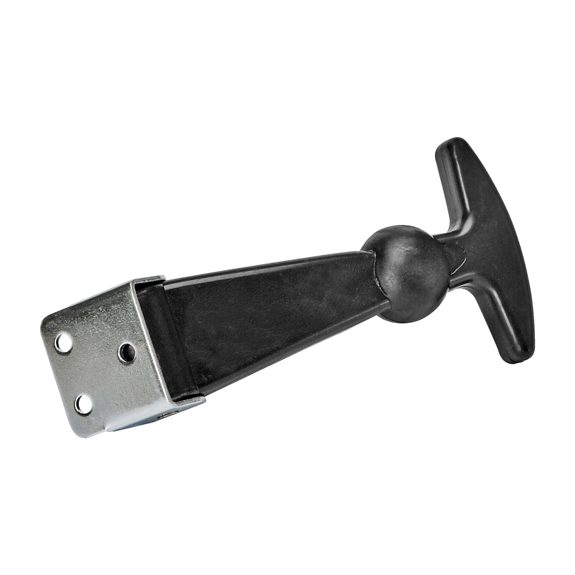 Hamron Hood Lock 2-pack z czarnymi gumowymi korpusami, każdy z srebrną metalową płytką montażową na jednym końcu i uchwytem w kształcie litery T na przeciwnym końcu.