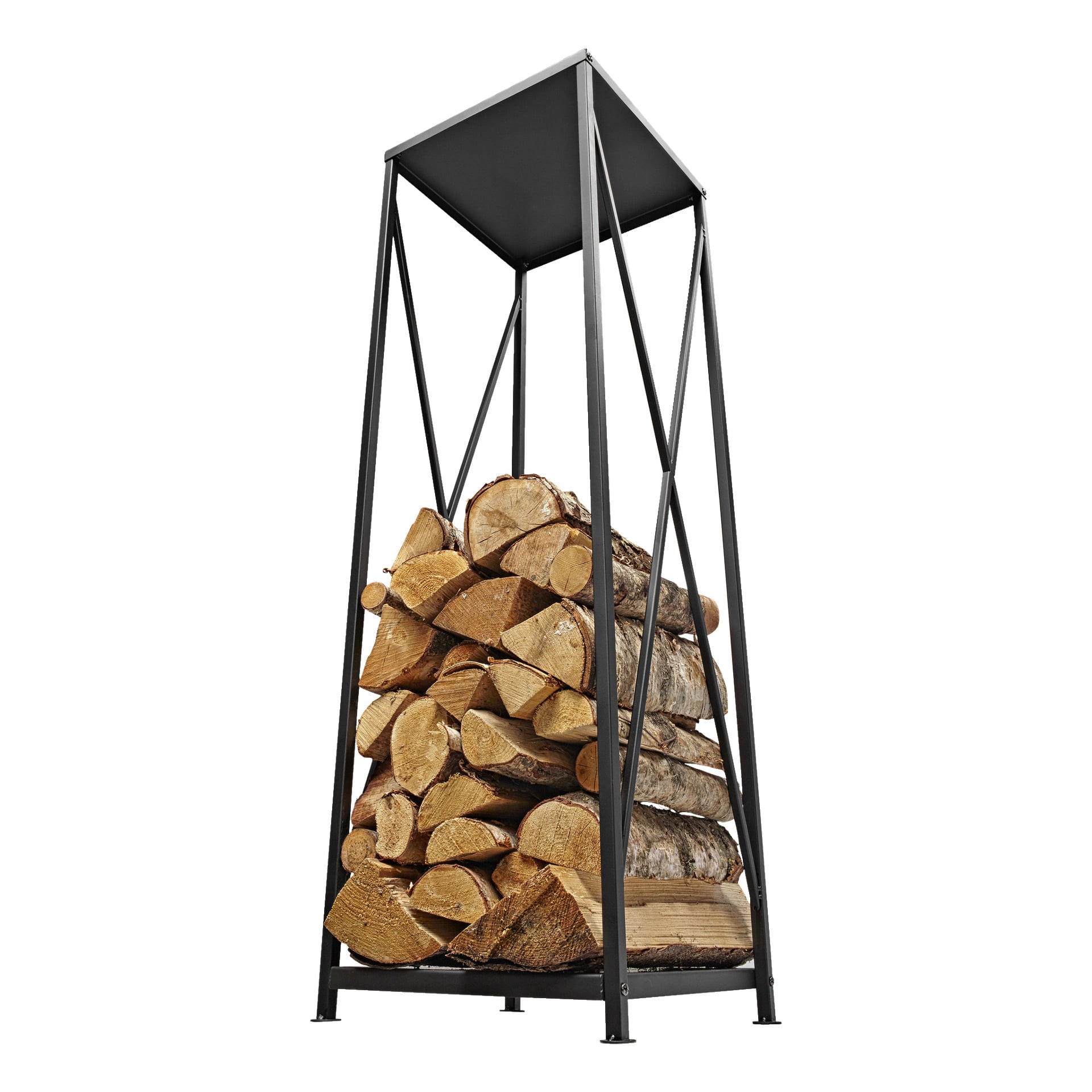 Anslut Firewood Storage har et høyt svart metallstativ med tak og tverrstøttede sider, som holder vedkubber pent stablet over bakken.