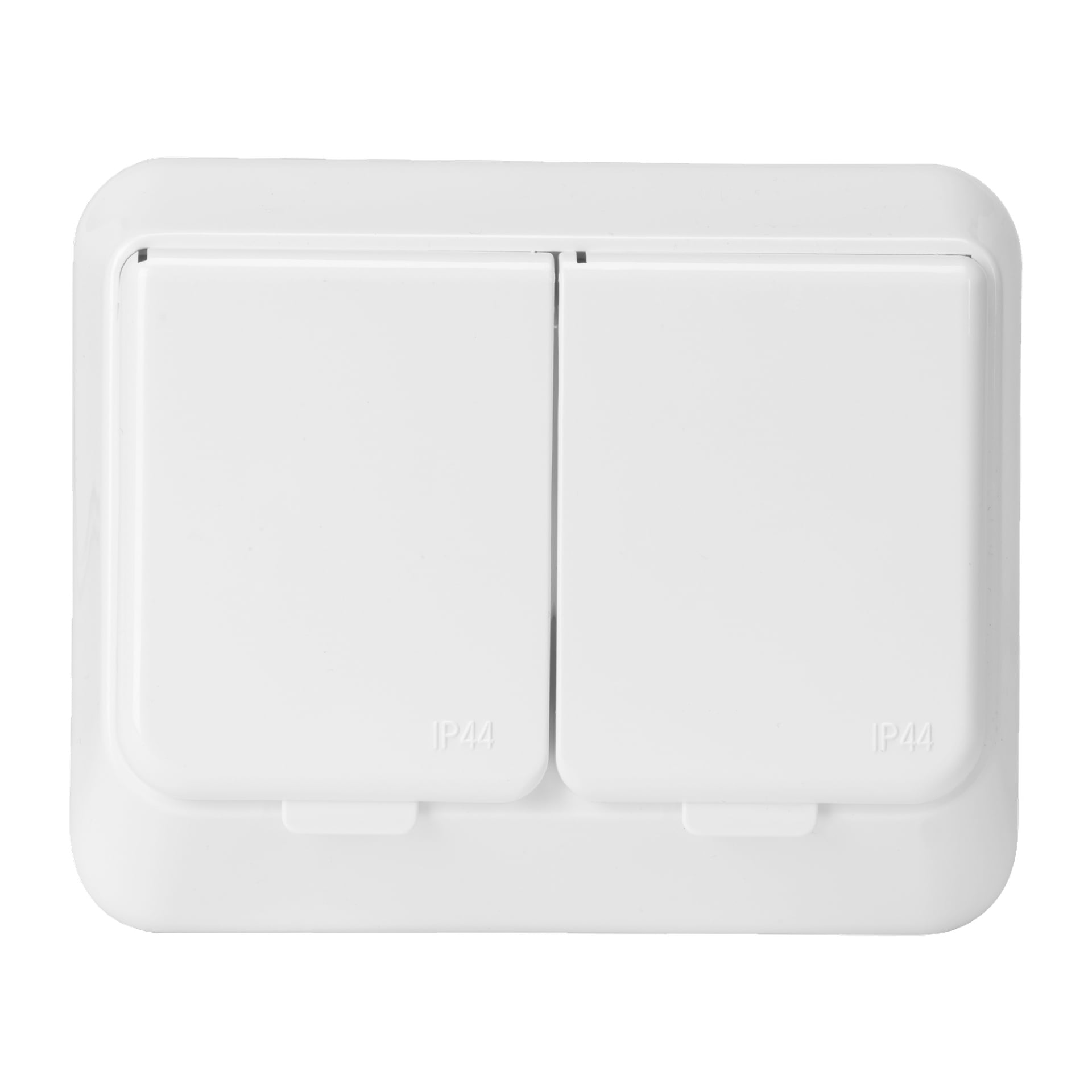 Eine detaillierte Nahaufnahme einer Schneider Electric Exxact Primo Wandsteckdose, die einen doppelten weißen Lichtschalter mit Schutzabdeckungen und als IP44 für Wasserbeständigkeit gekennzeichnet ist, zeigt.