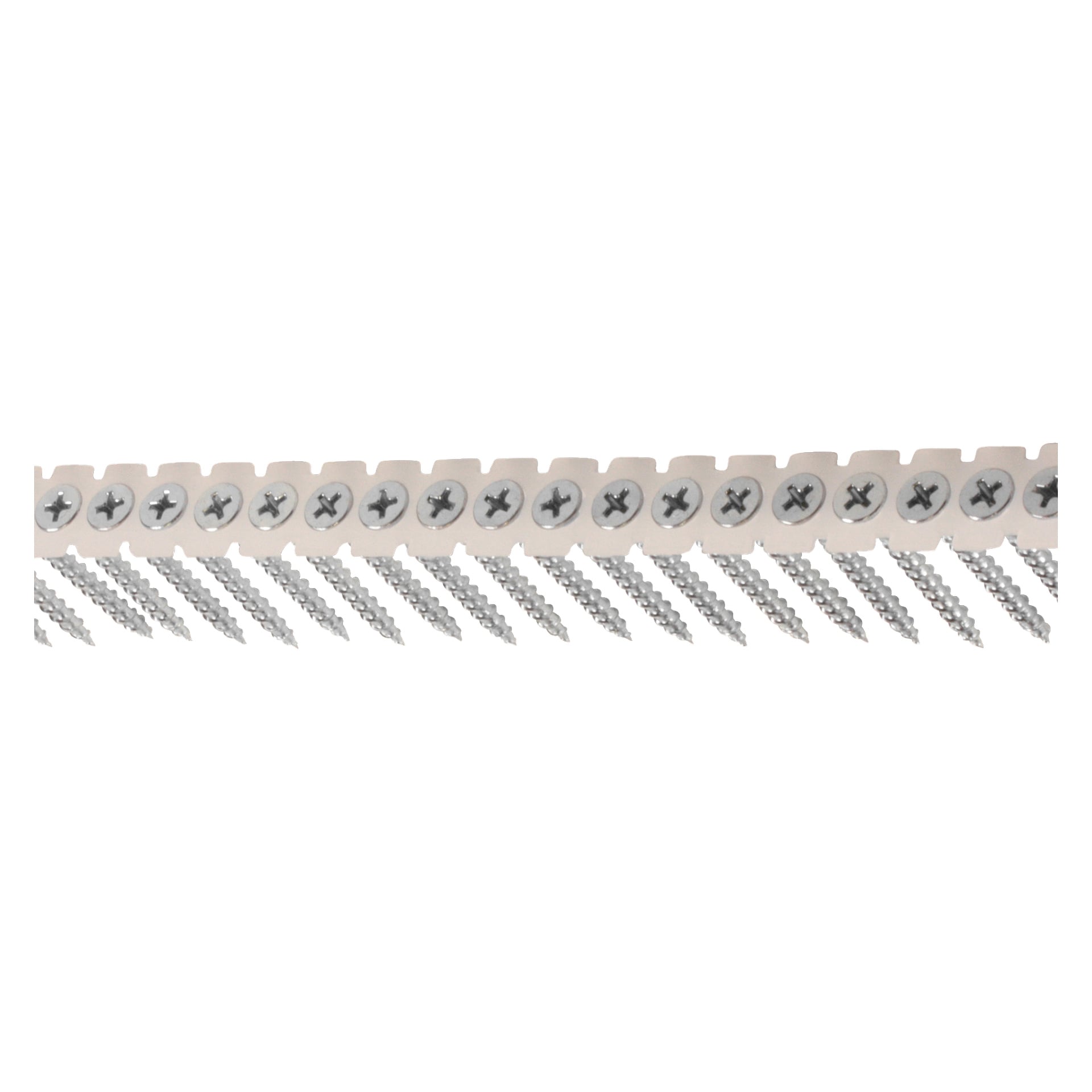 En rad Heco Collated Drywall Screws (1000 pack) är organiserade i en exakt linje, varje skruv fast fäst vid en beige plastremsa, vilket gör dem redo att användas med en automatisk skruvpistol.