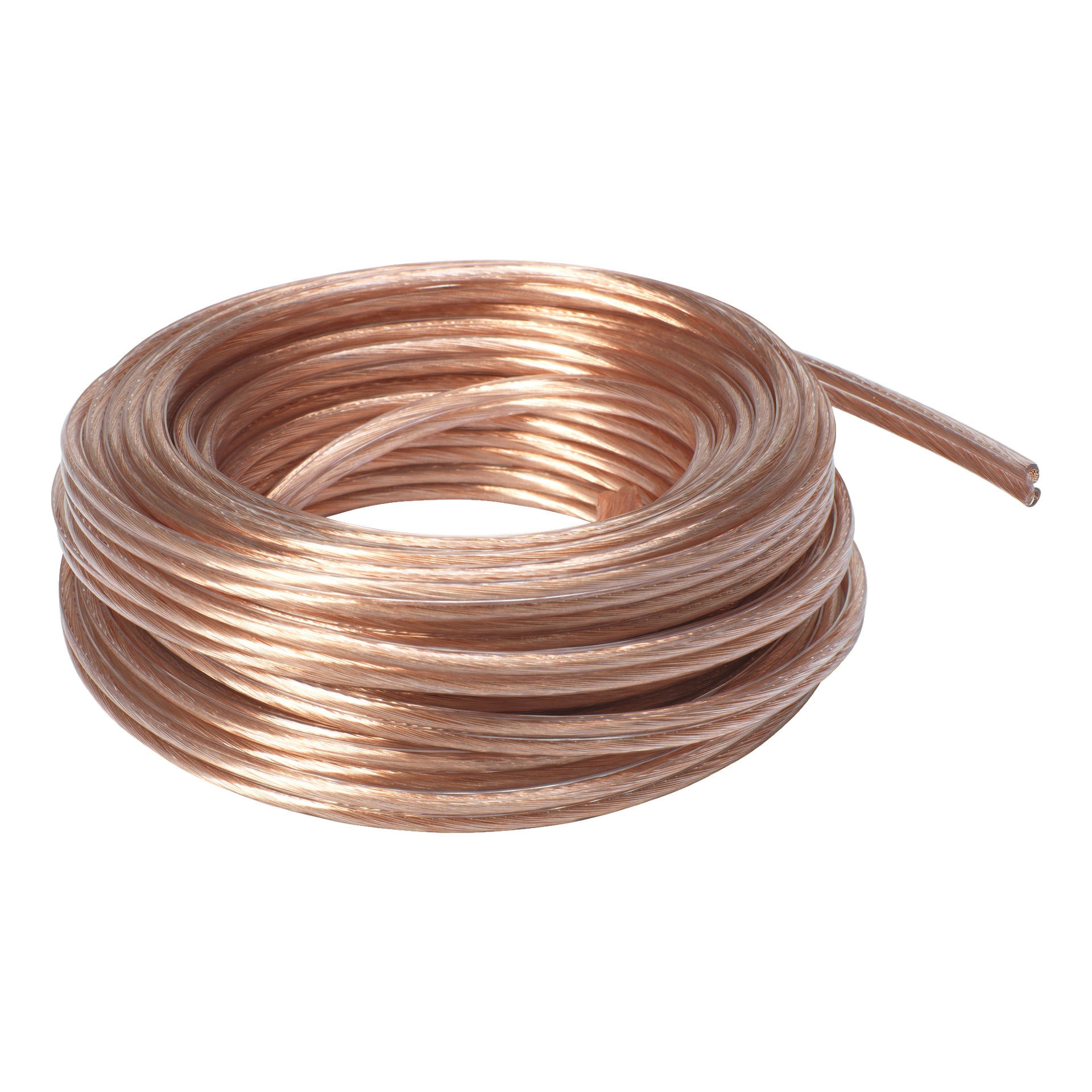 En sammenrullet rull med Amokabel RKUB-kabel med en kobberfarget tråd innkapslet i en gjennomsiktig kappe. Den ene enden av kabelen strekker seg litt ut fra spolen.