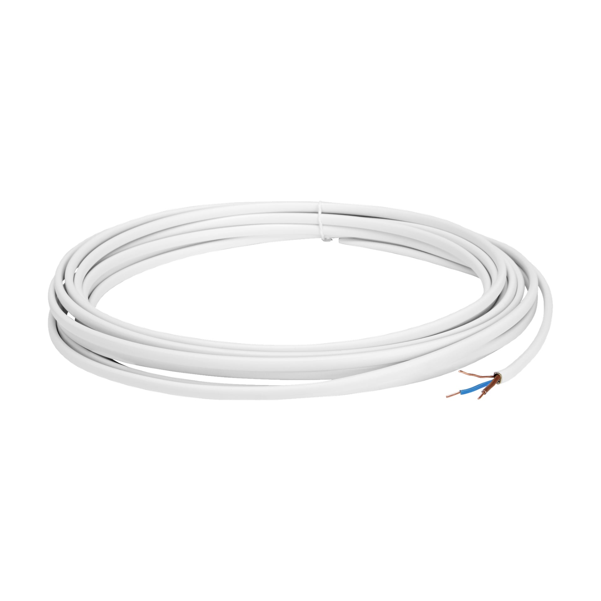 En coiled Amokabel PR-kabel med hvit isolasjon har eksponerte kobberledninger i den ene enden, hver dekket av en blå og en brun kappe.