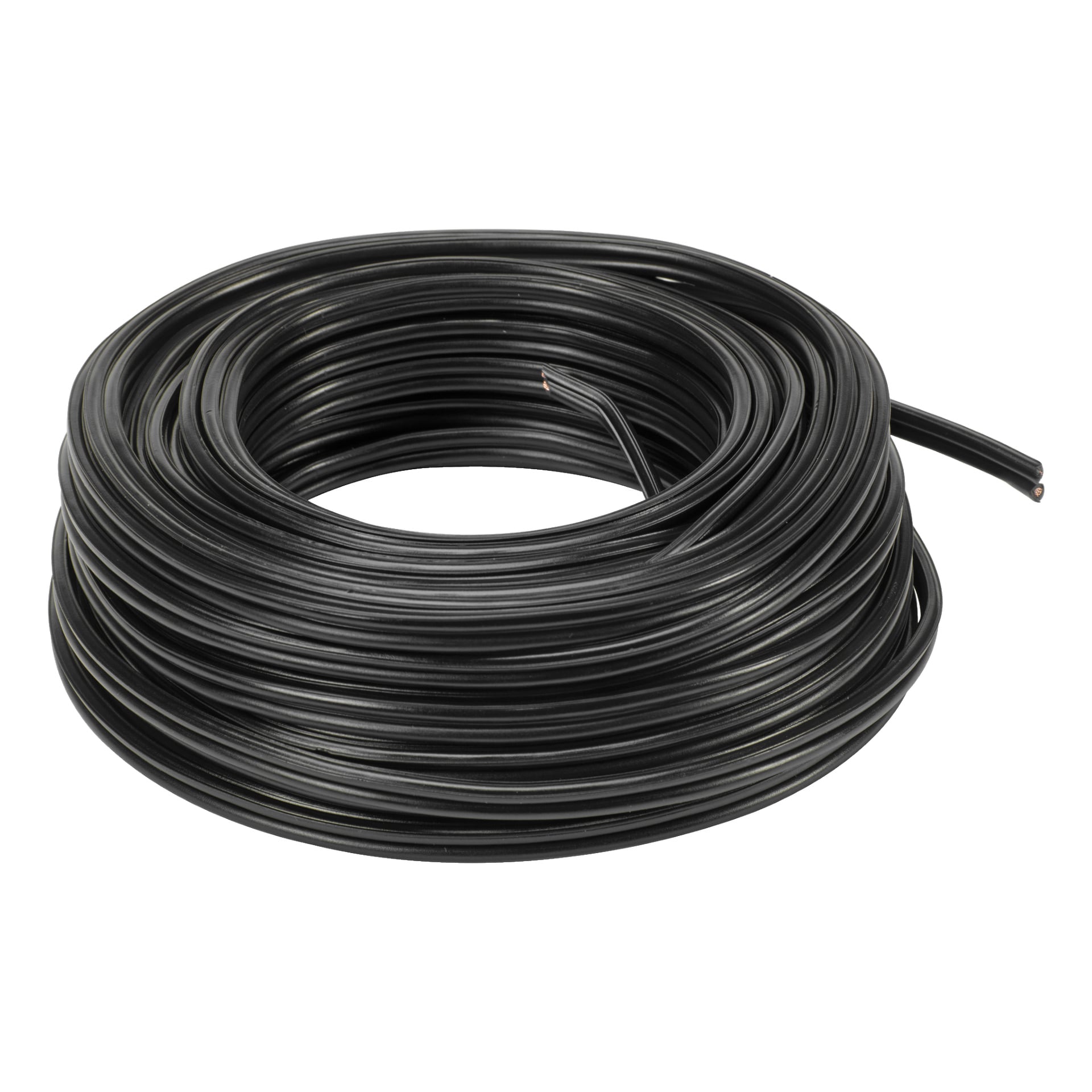 En svart Amokabel RKUB-kabel er tett sammenrullet i en sirkel, med en enkelt ende som stikker ut nær toppen.