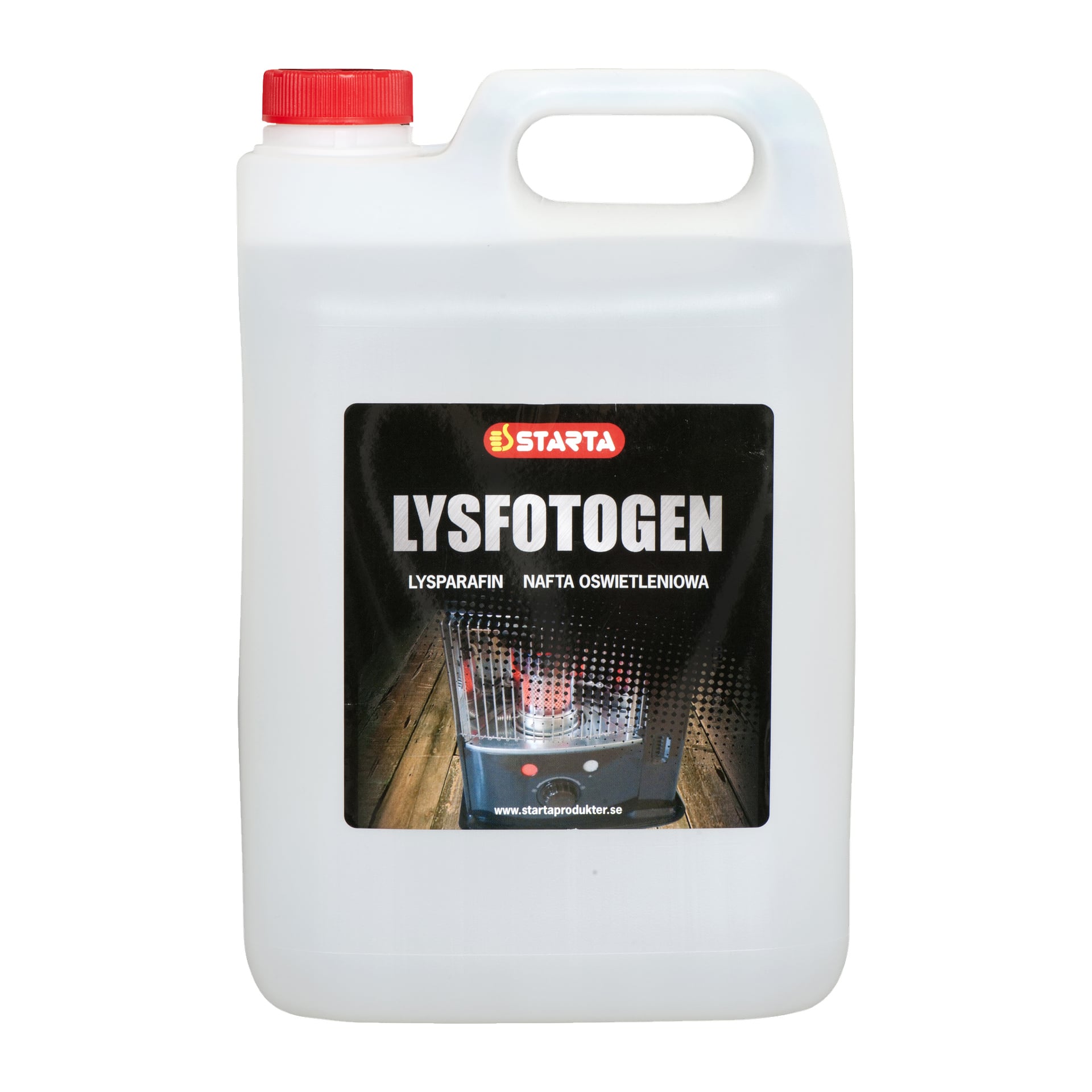 En vit plastbehållare med ett rött lock, märkt "Starta Paraffin." Etiketten visar också texten "Lyssparafin Nafta Oswietleniowa", en bild av en lykta och webbplatsen www.startaprodukter.se.