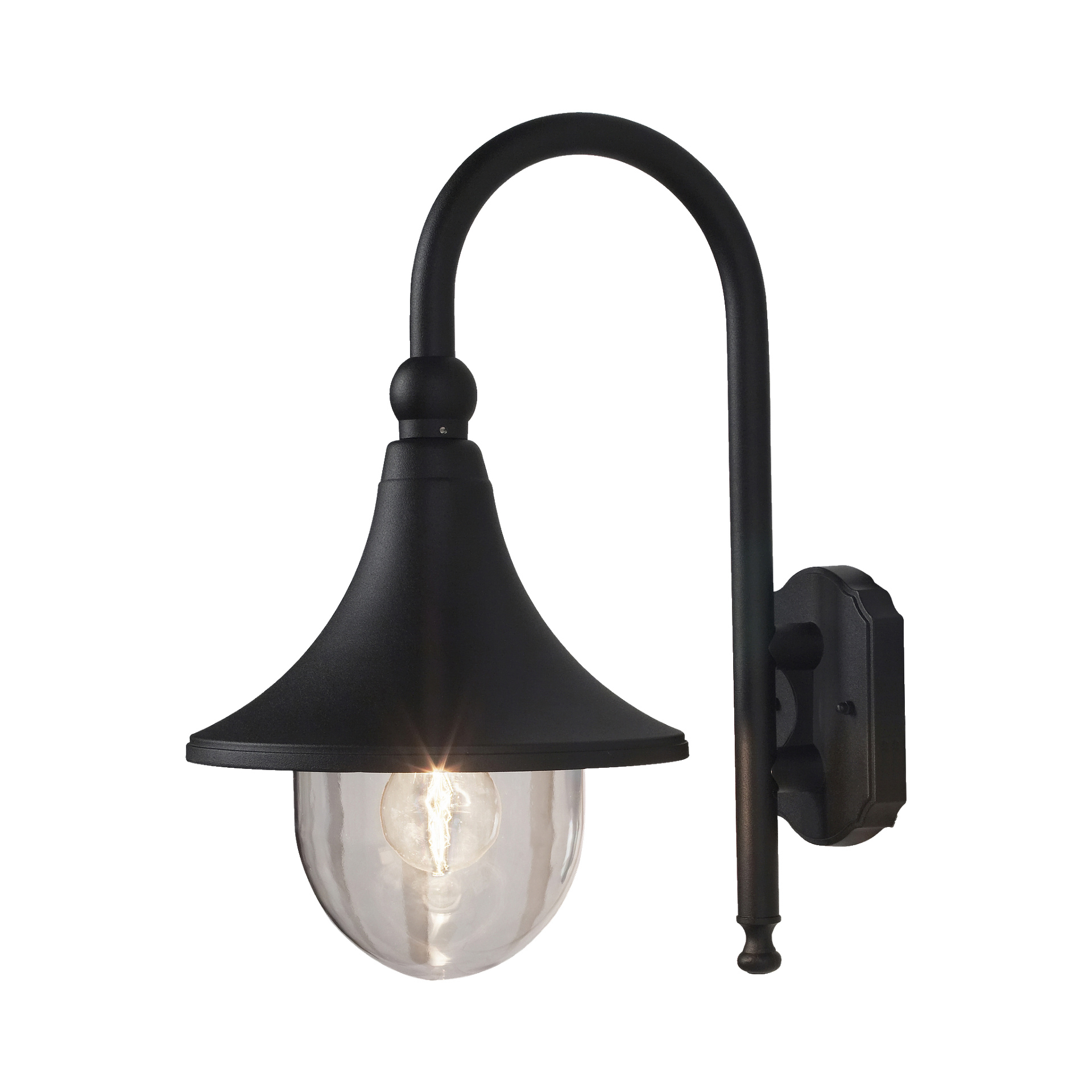 En svart metall Anslut-vägglampa med en böjd arm har en kupolformad skärm och en klar glasglob fäst vid en rektangulär bakplatta. Den lysande lampan är synlig inuti den genomskinliga globen.
