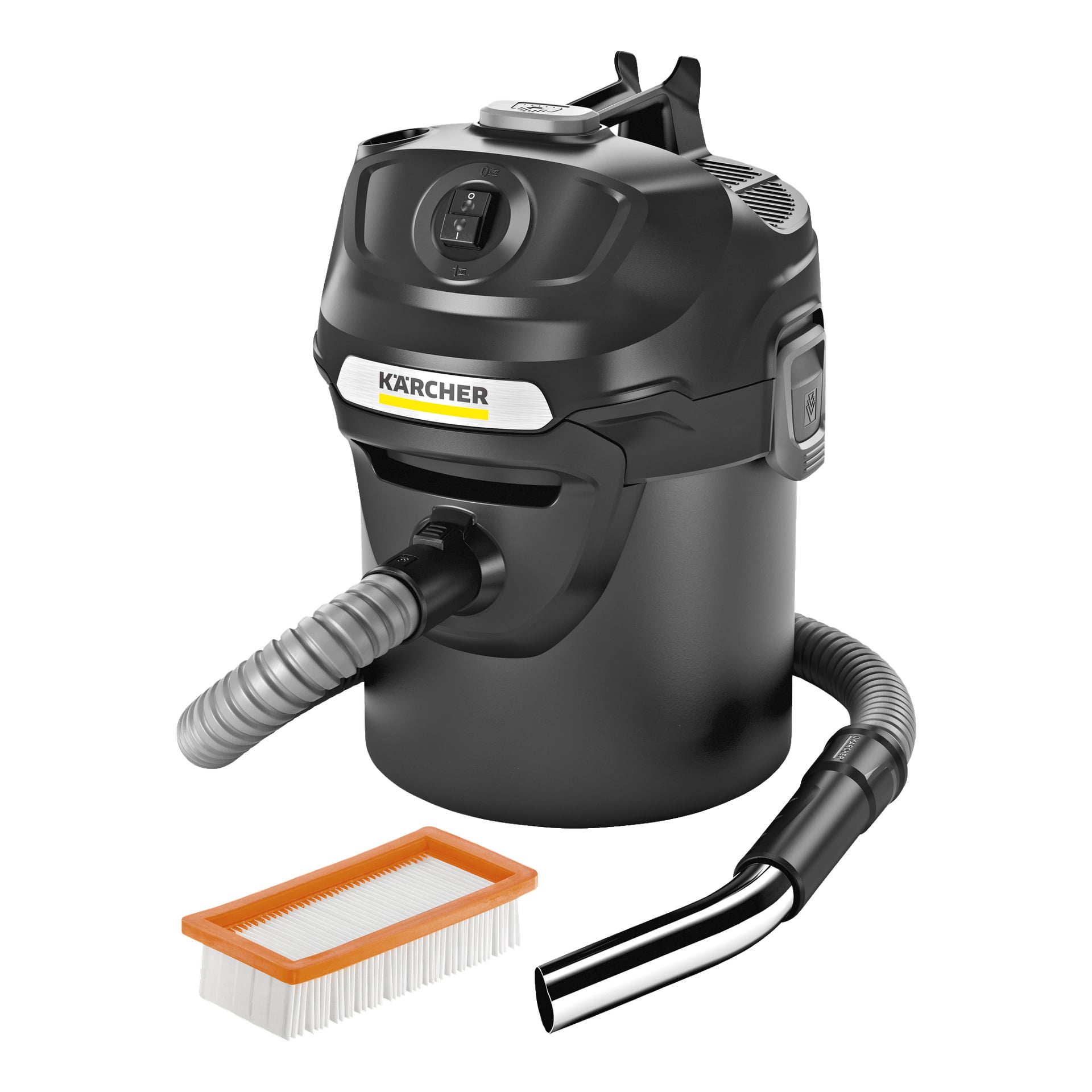 Kärcher AD 2 Ash Vacuum mustana on esitetty joustavalla letkulla, metallisuuttimella ja oranssivalkoisella suorakaiteen muotoisella suodattimella.