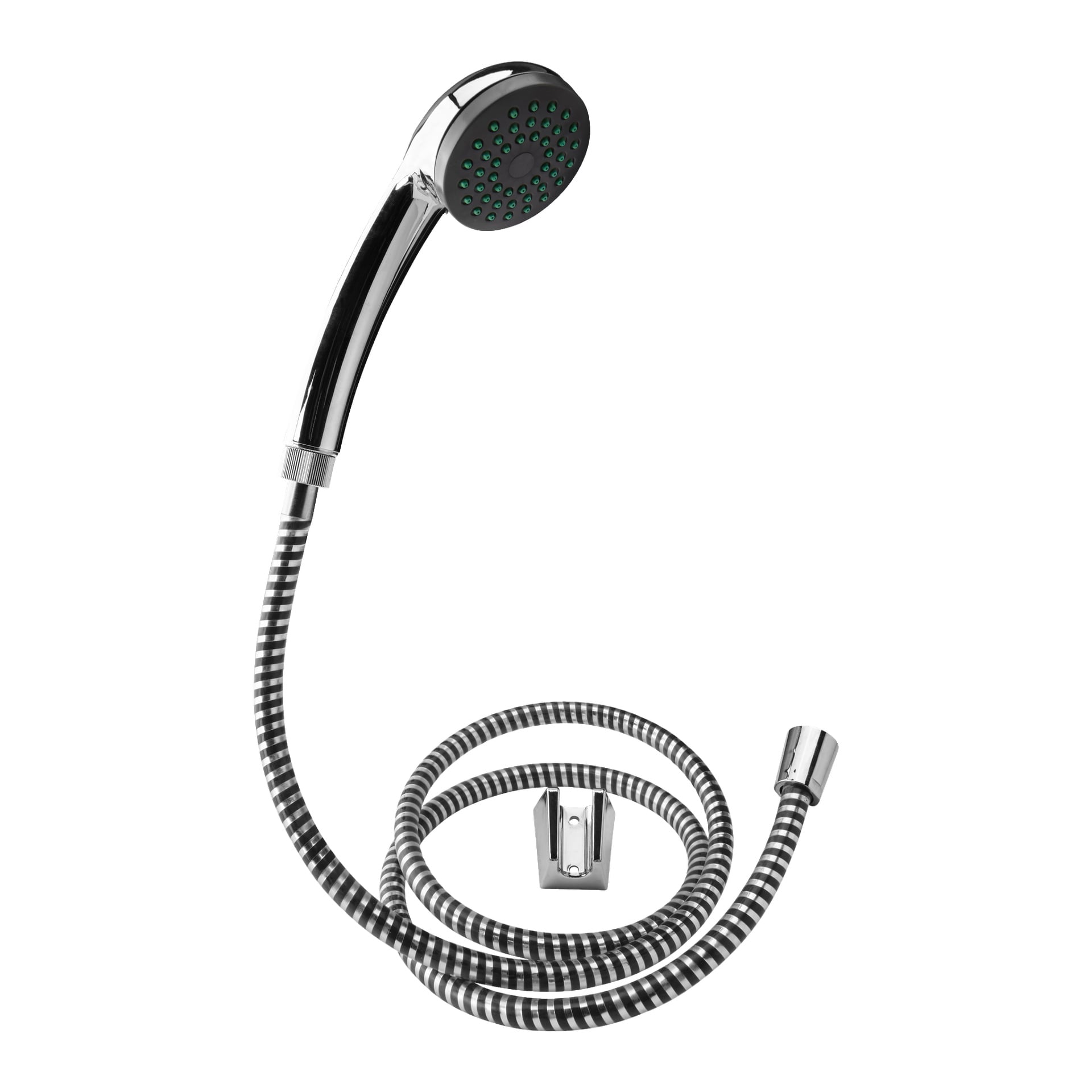 Curaqua dusjhåndsett + slange leveres med en fleksibel metallslange, grønne spraydyser og veggfeste.