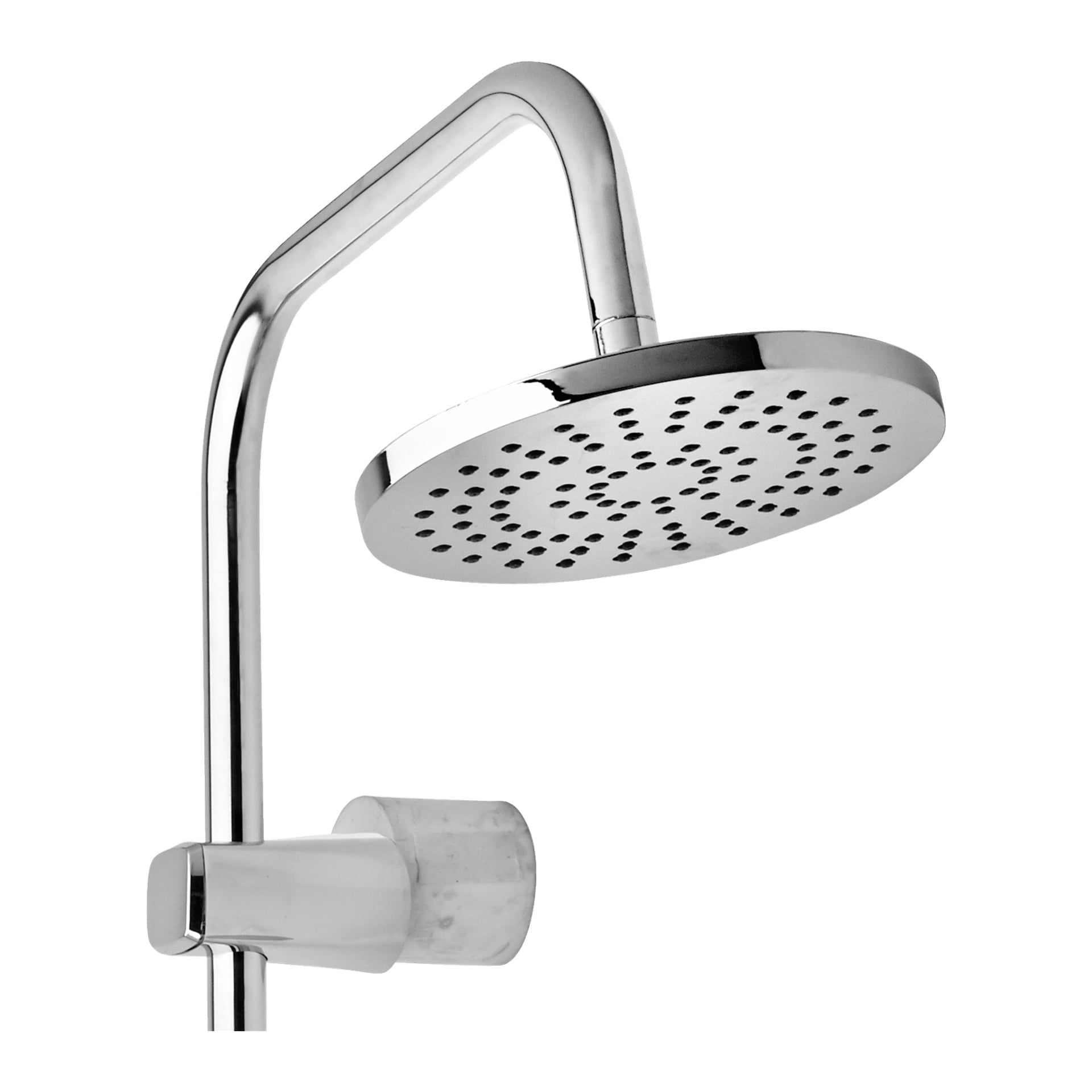 Et nærbilde av Curaqua Shower-setet har et slankt krom, rundt flatt dusjhode med mange små hull, koblet til et buet rør og veggmontering.