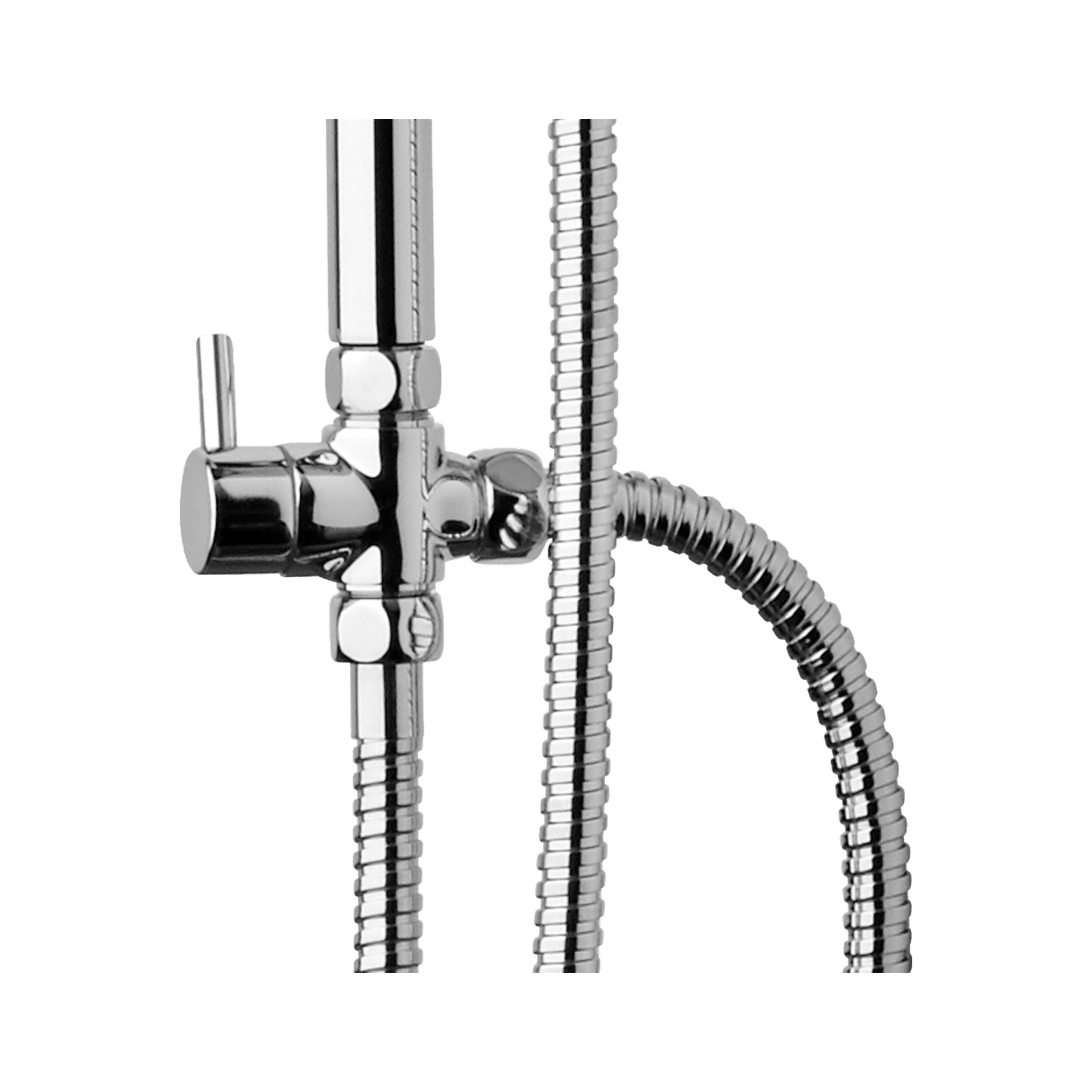 Nærbilde av Curaqua Shower-sett med krom diverterventil, spakhåndtak og fleksibel metallslange.
