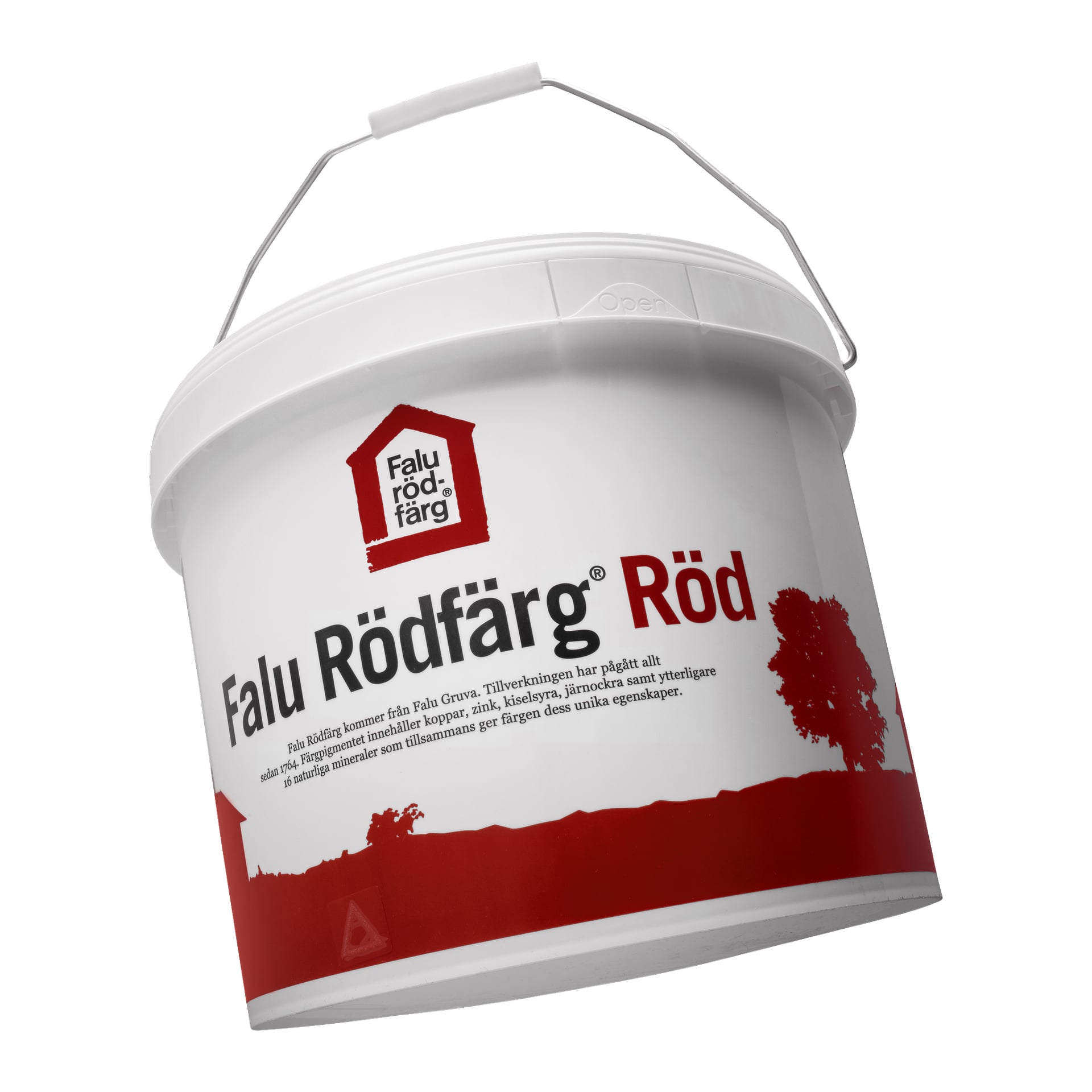 En vit plastfärgsbucket med handtag, med namnet "Falu Rödfärg" och "Falu röd färg" på etiketten. Etiketten är dekorerad med röd text, en röd huslogotyp och en röd silhuett av träd och byggnader längs botten.