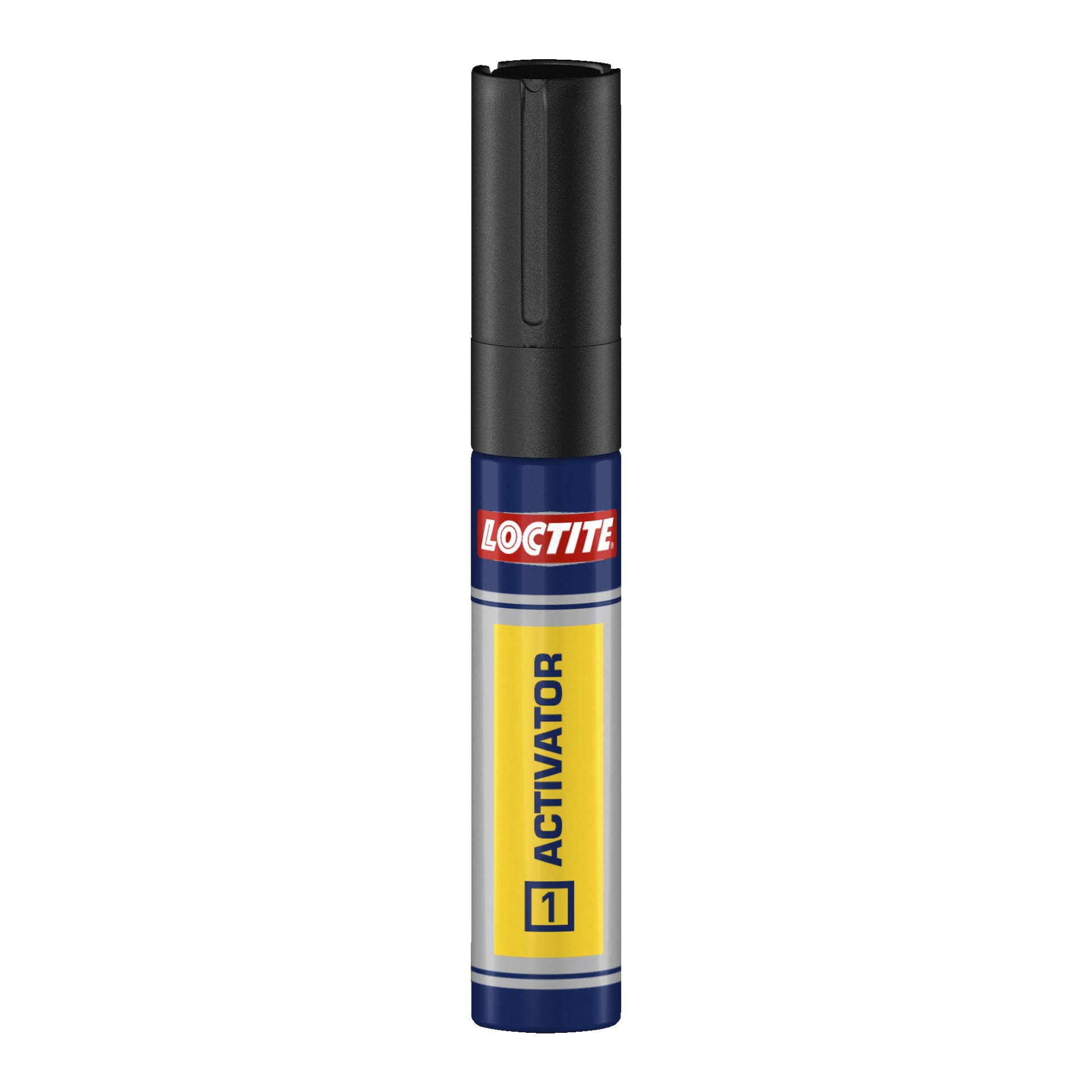 En blå cylindrisk Loctite-flaska märkt Plastic Glue Super Glue All Plastics står upprätt, med en gul ACTIVATOR-etikett och en svart lock på toppen.
