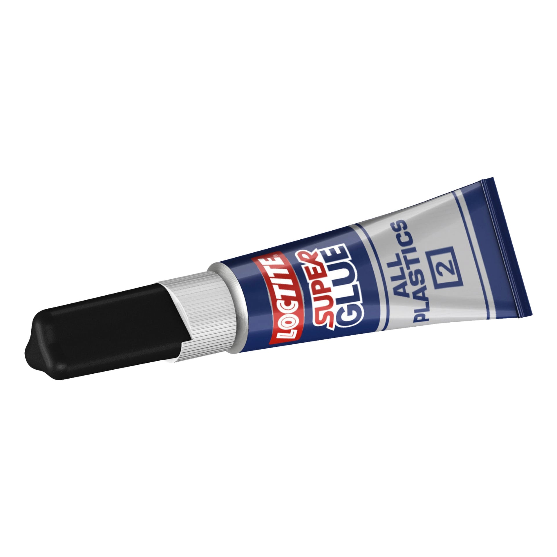 Ett Loctite Plastic Glue Super Glue All Plastics-rör med en blå och vit etikett och en svart lock.