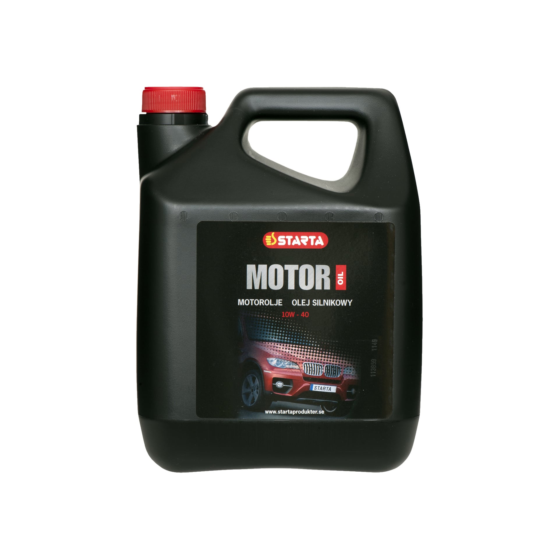plastikowa butelka z czerwonym nakrętką oznaczona Starta Engine Oil 10W-40 i Olej Silnikowy, z obrazkiem czerwonego samochodu z przodu.