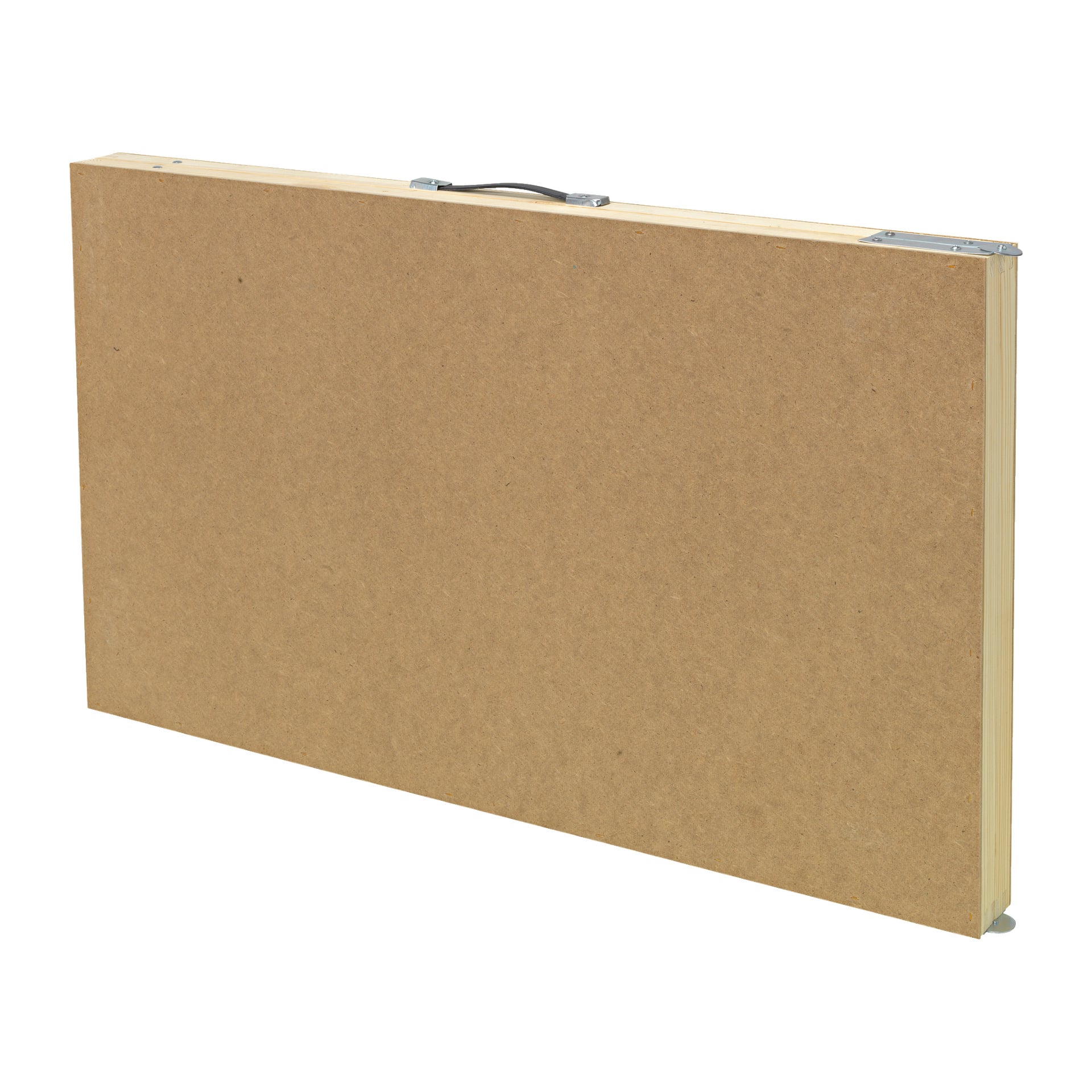 Ett Hard Head tapetbord, visat stängt och upprätt, har ett rektangulärt ljusbrunt träfodral med en metalllås och ett svart handtag ovanpå.