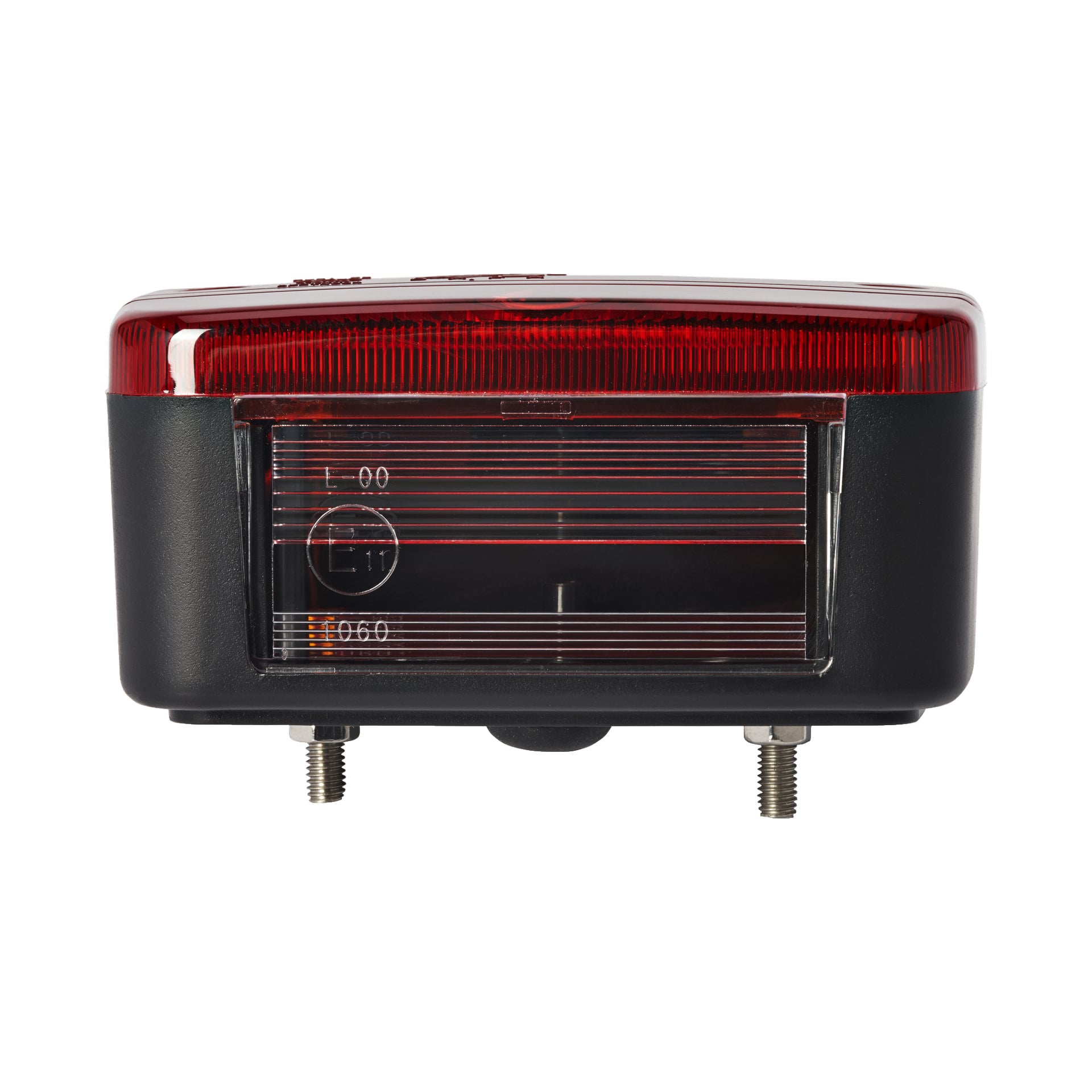 Närbild av Hamron Two-sections light med rektangulär form, röd lins, svart hus, synliga bultar längst ner och horisontella linjer märkta "L" och "E" på den transparenta sektionen.