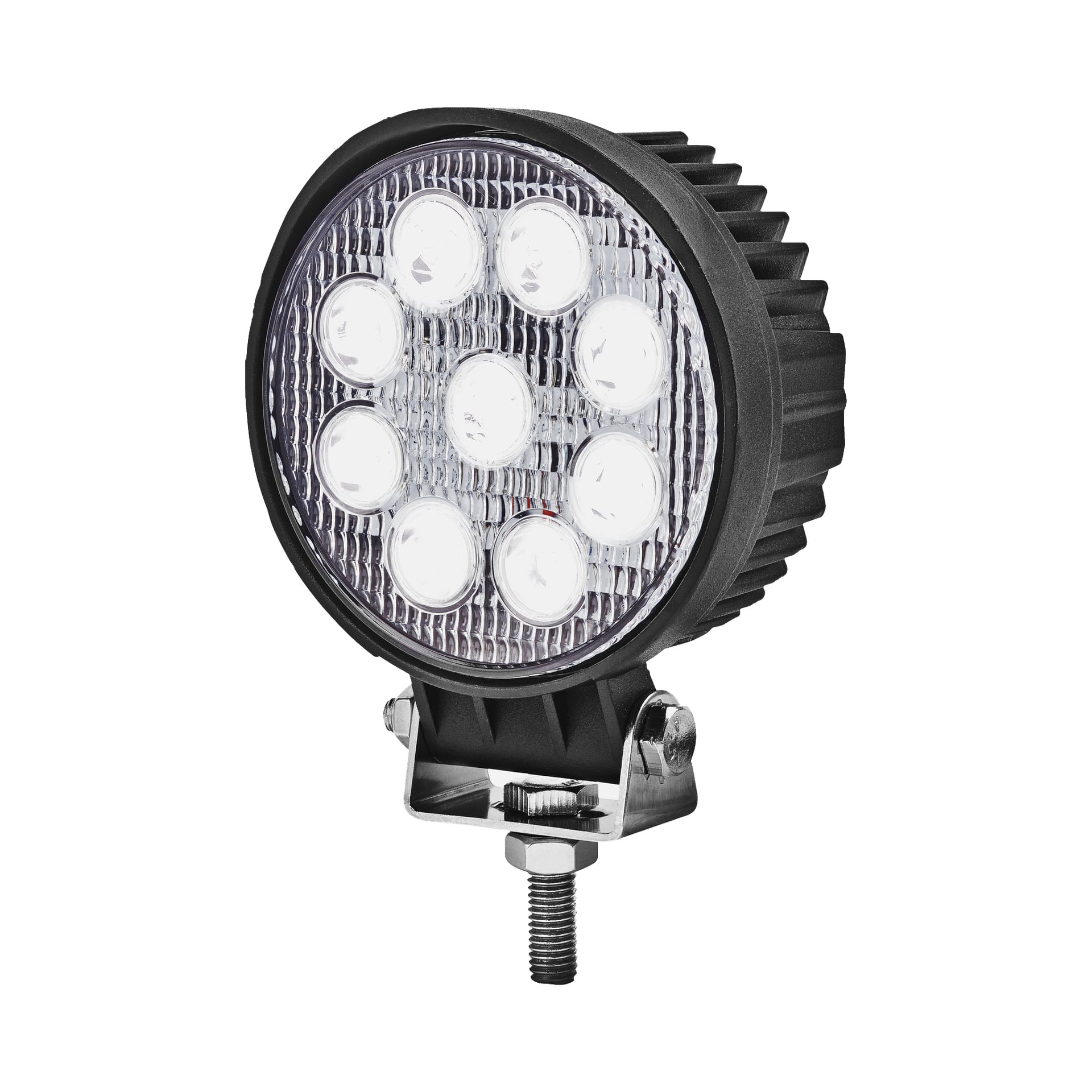 Hamron LED-arbeidslampen leveres med en rund kropp med 9 LED-lys, et ribbet kabinett for varmeavledning, og et solid metallbrakett med en bolt nederst.