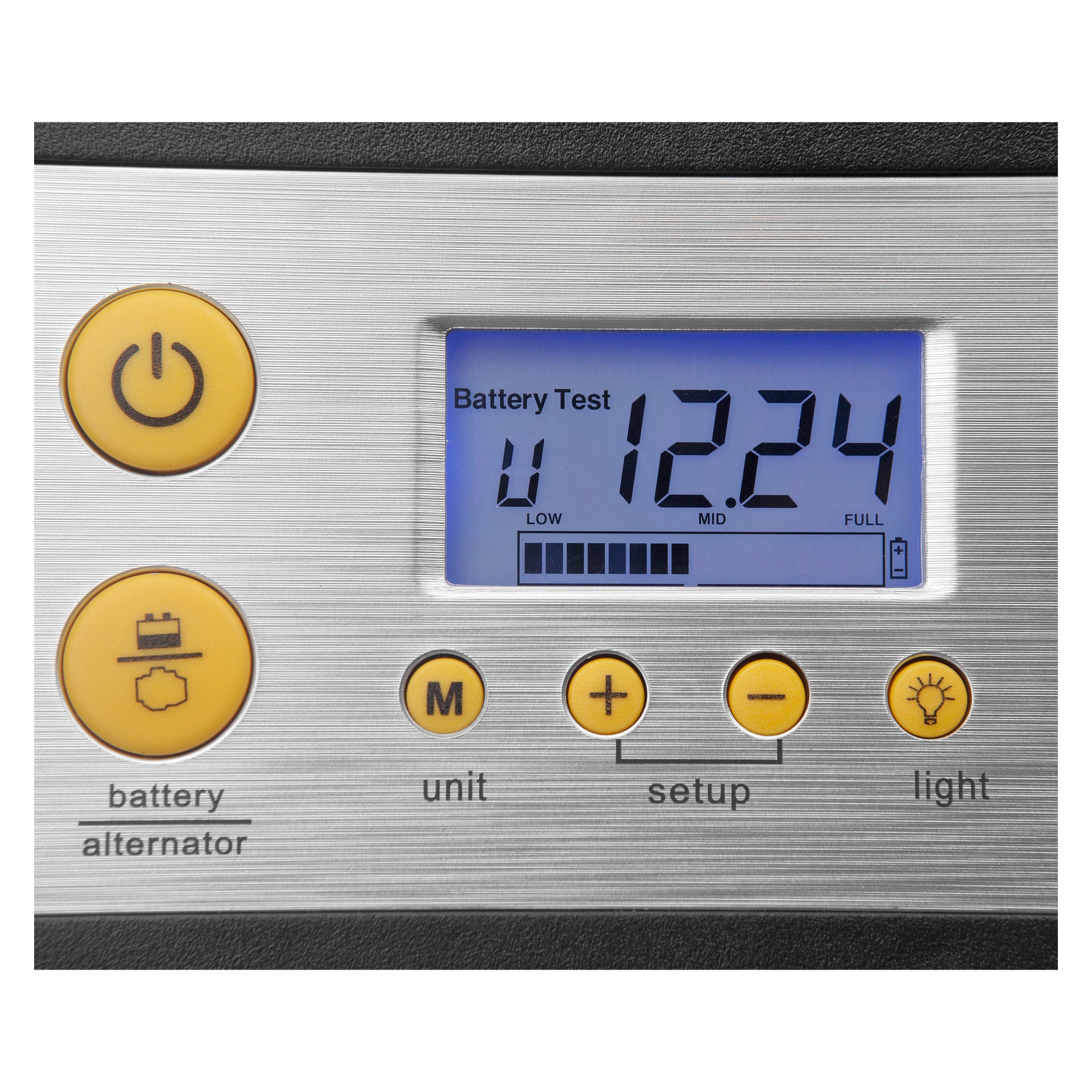 Zbliżenie urządzenia Hamron Compressor 4-w-1 pokazuje jego ekran z testowym odczytem baterii 12,24. Panel sterowania ma przyciski oznaczone jako zasilanie, alternator baterii, jednostka, konfiguracja i światło. Wskaźnik baterii na wyświetlaczu jest prawie pełny.