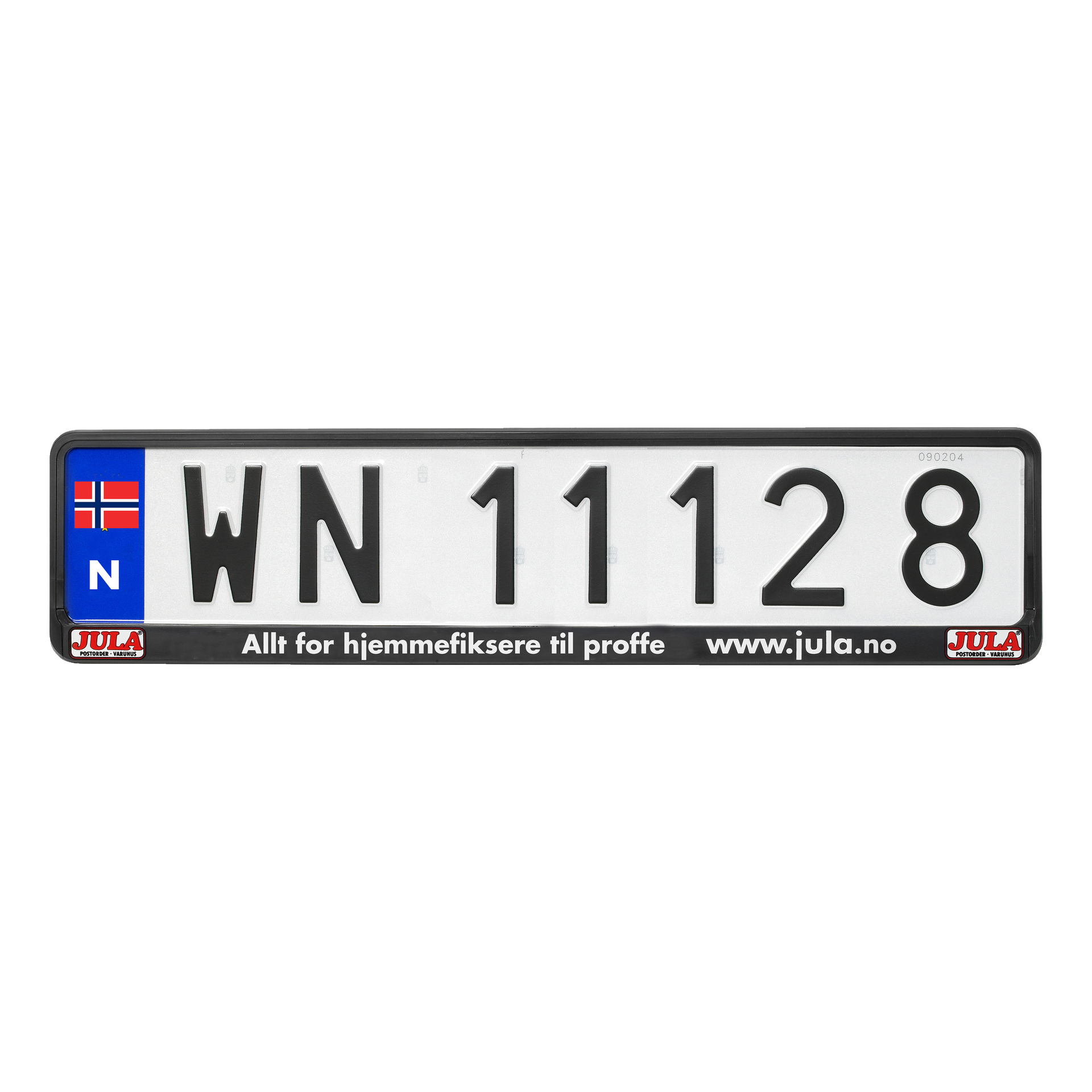 Nummerskiltholder Jula: Norsk registreringsskilt WN 11128 med det norske flagget og en "N" til venstre, montert i en svart Jula-ramme med annonser for Jula og www.jula.no.
