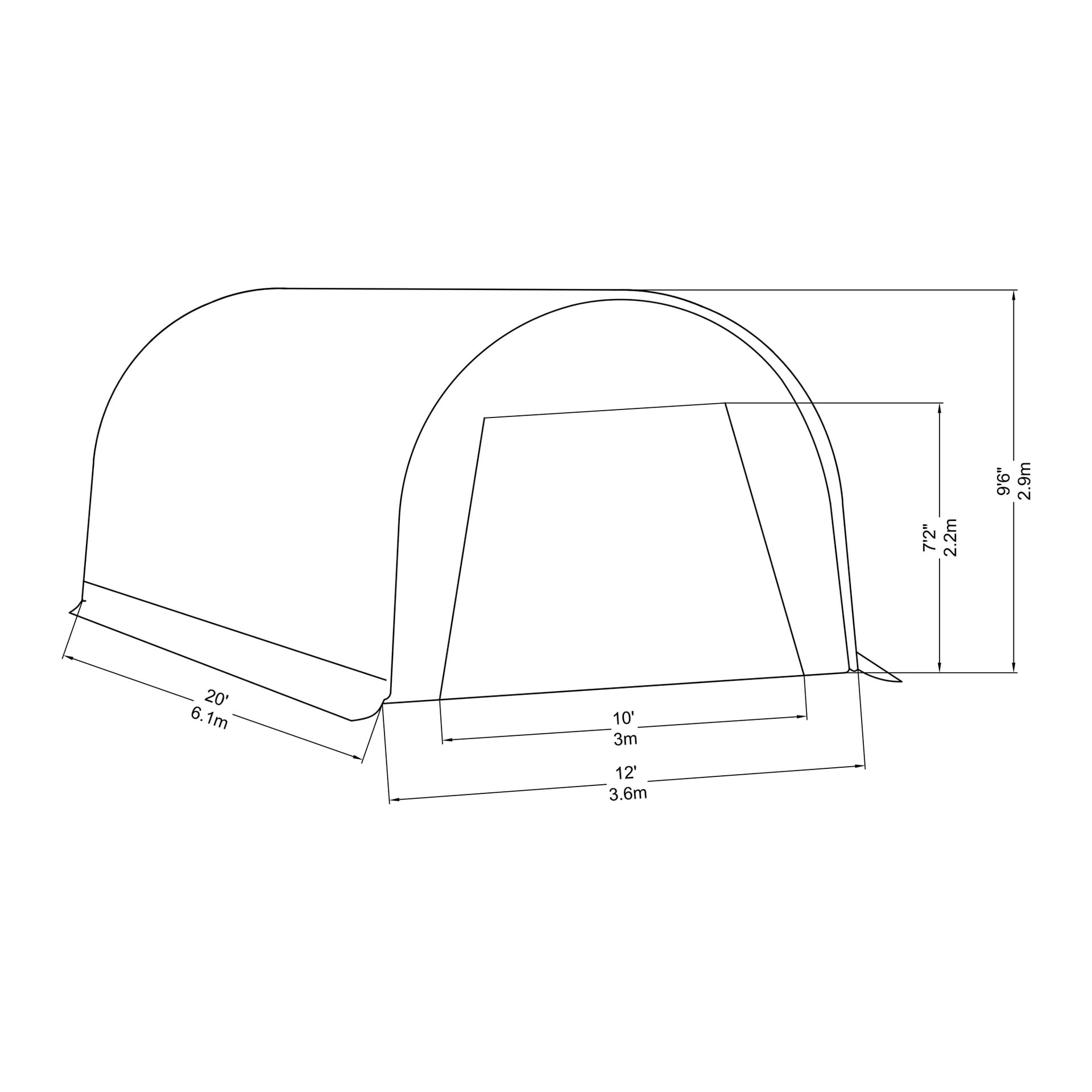 Hamronin autotallin teltan viivapiirros, joka on tunnelin muotoinen, mitat merkitty: 20 ft (6,1 m) pituus, 12 ft (3,6 m) leveys, oven leveys 10 ft (3 m), oven korkeus 7 ft 2 in (2,2 m) ja kokonaiskorkeus 9 ft 6 in (2,9 m).