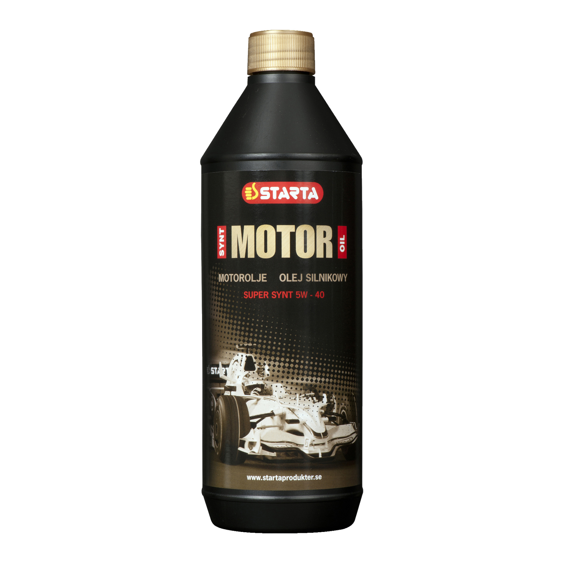 En svart plastflaska med Starta Fully Synthetic Engine Oil med en röd, gul och vit etikett med en racingbilsgrafik. Etiketten visar texten "Super Synt 5W-40" och webbplatsen startaprodukter.se.