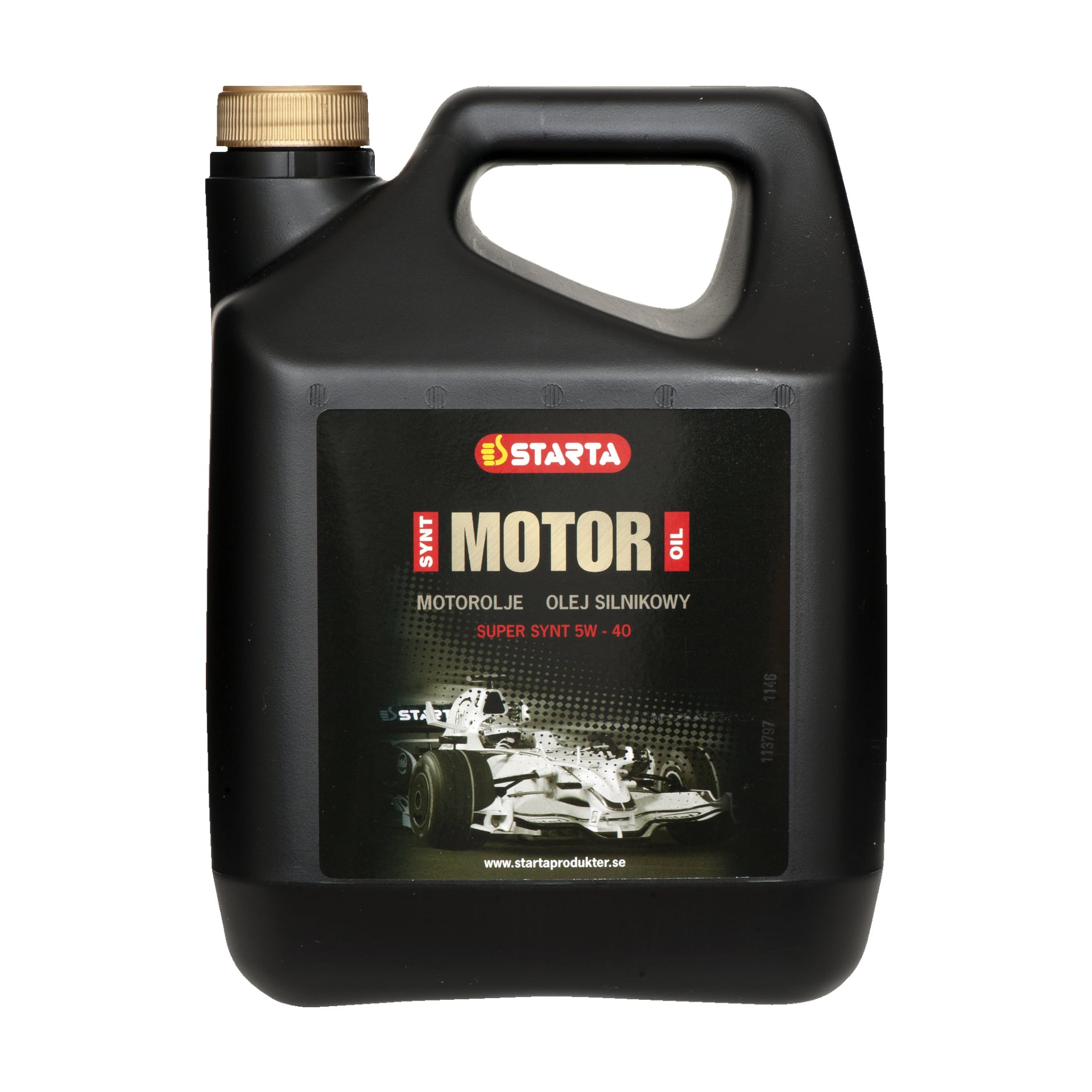 En svart plastflaska med Starta helsyntetisk motorolja toppad med ett guldlock. Frontetiketten visar "Motor Oil, Super Synt 5W-40," innehåller bilder på racerbilar och innehåller ytterligare text.