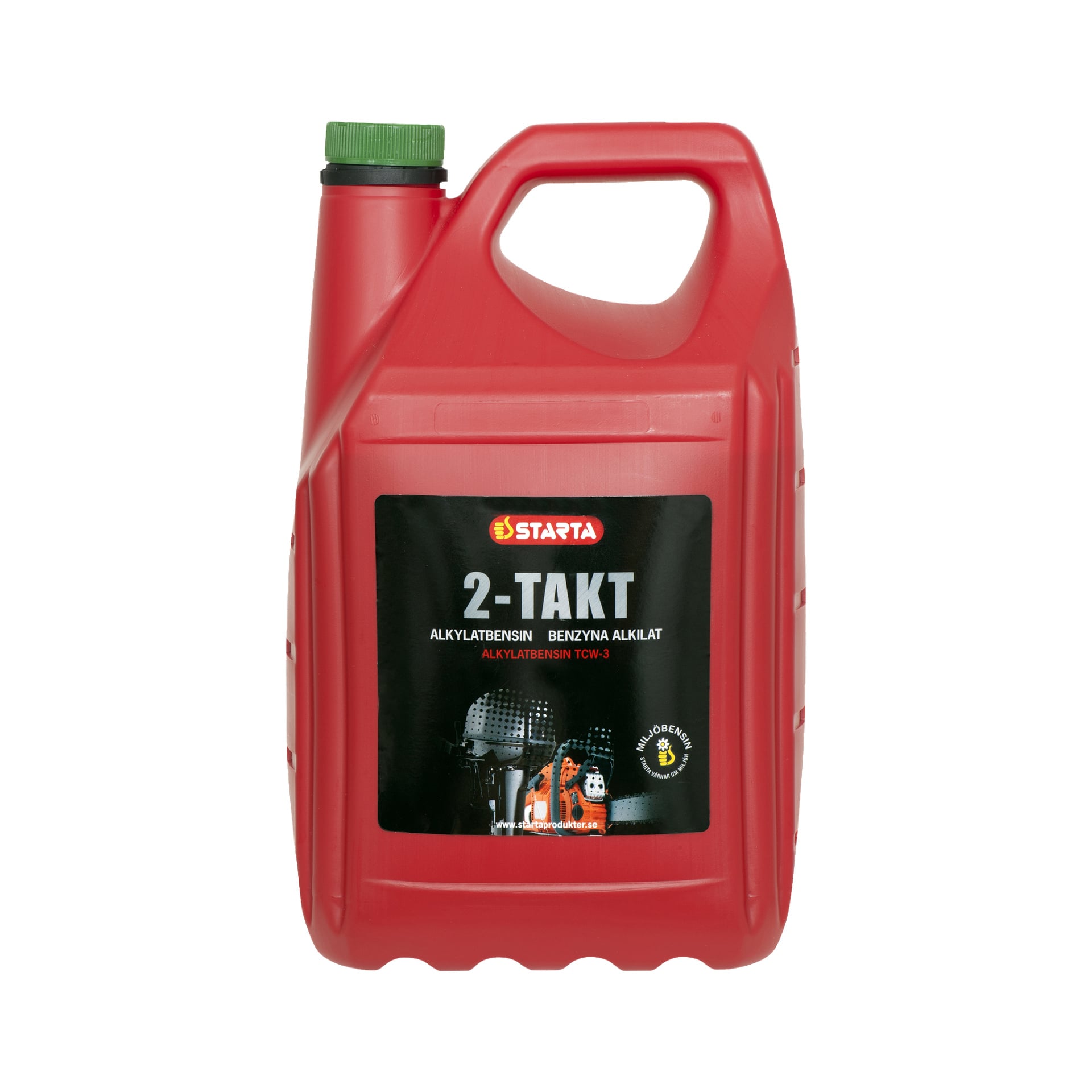 En rød 5-liters Starta Alkylate bensin totaktsbeholder laget av plast, med et grønt lokk og en svart etikett foran med produktnavn, bruksanvisning, maskingrafikk og merkevare.