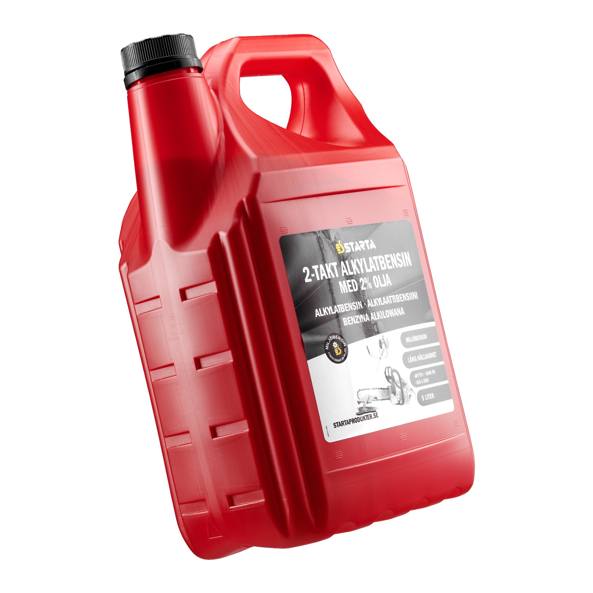 En rød plastbeholder med svart lokk med etiketten "Alkylate bensin 2-takt", flere produktdetaljer og en illustrasjon av en totaktsmotor, merket Starta.