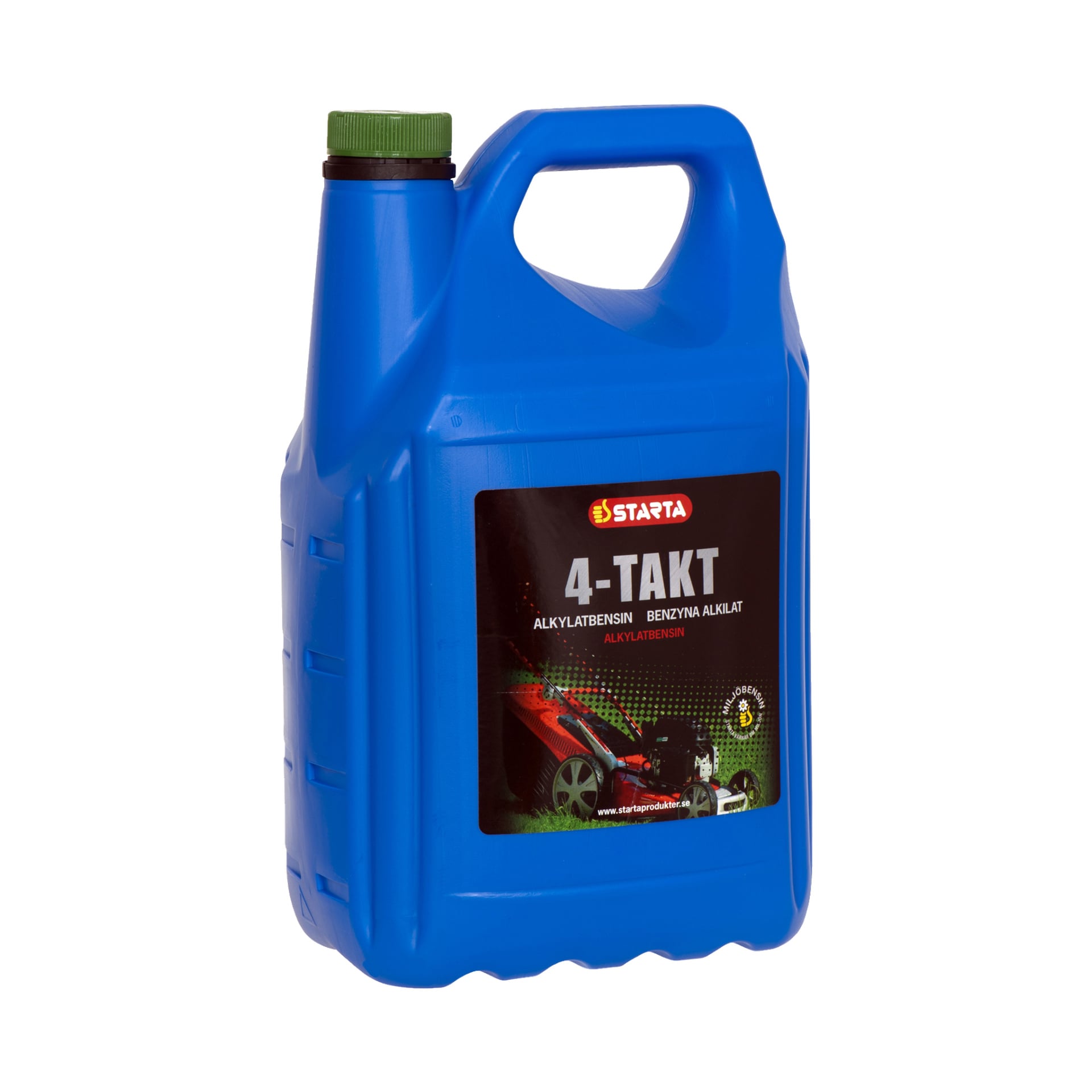 En blå plastbeholder med grønt lokk og håndtak er merket "4-takts alkylatbensin" av Starta, og viser en gressklippergrafikk og produktdetaljer som spesifiserer at det er alkylatbensin for firetaktsmotorer.