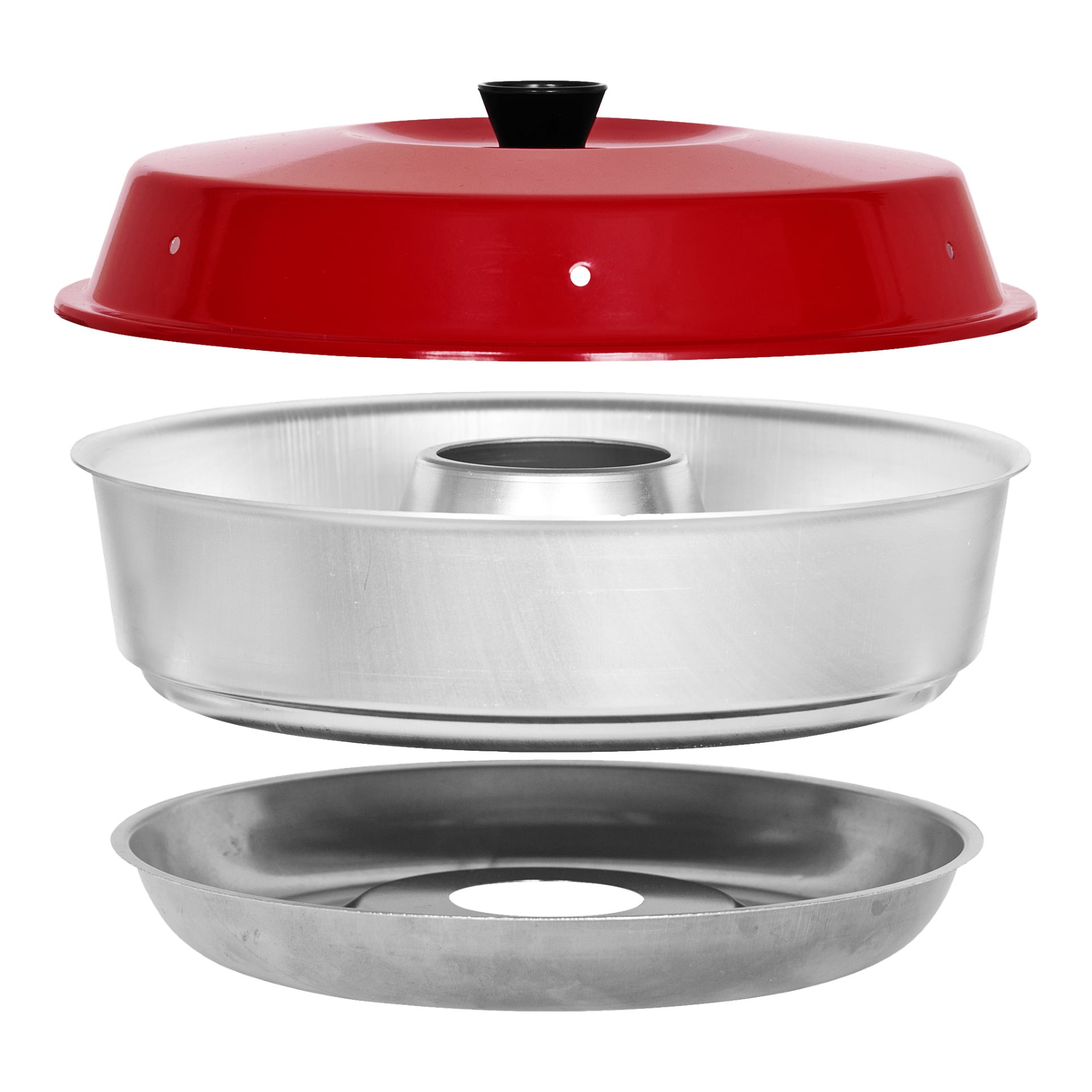 Omnia Cooker-ugnen från Omnia visas med sina tre delar separerade: ett rött lock, ett rörformat aluminiumcentrum och en matchande aluminiumbas.