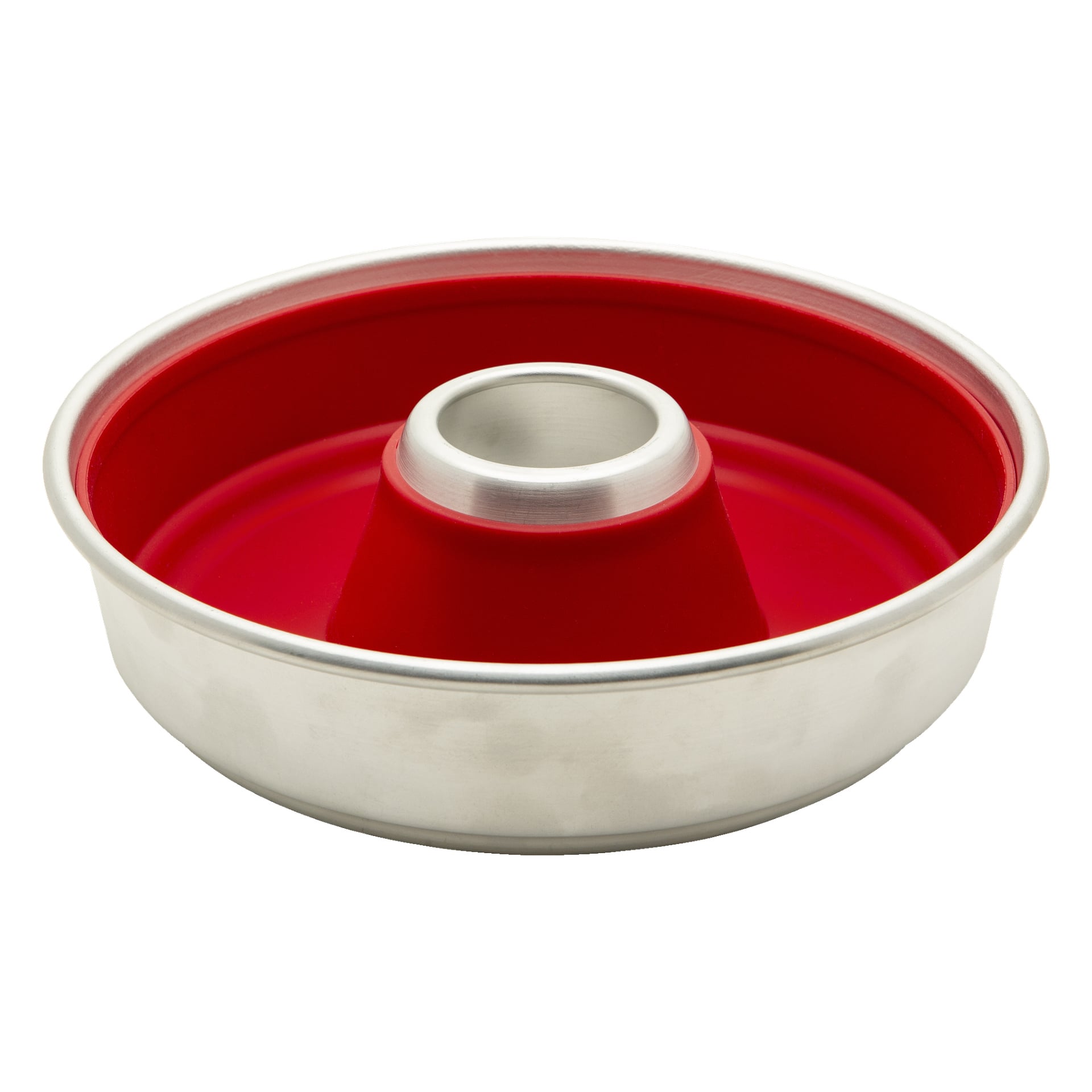 Omnia Silicon-formen är en cirkulär kakform med röd silikonfoder och ett slitstarkt metallskal, inklusive ett centralt rör som är idealiskt för att baka ringformade kakor som angel food eller bundt-kakor.