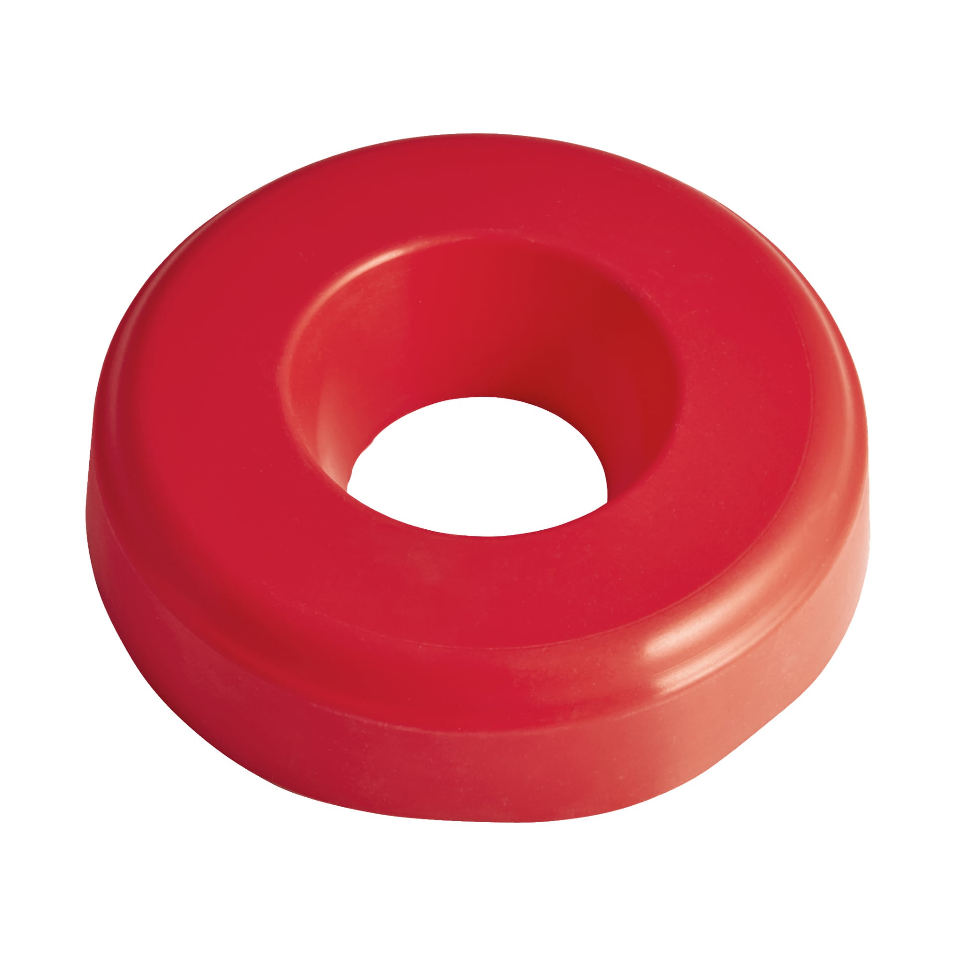 En solid röd Omnia silikonform, rund med ett centralt hål som en tjock ring eller munk.