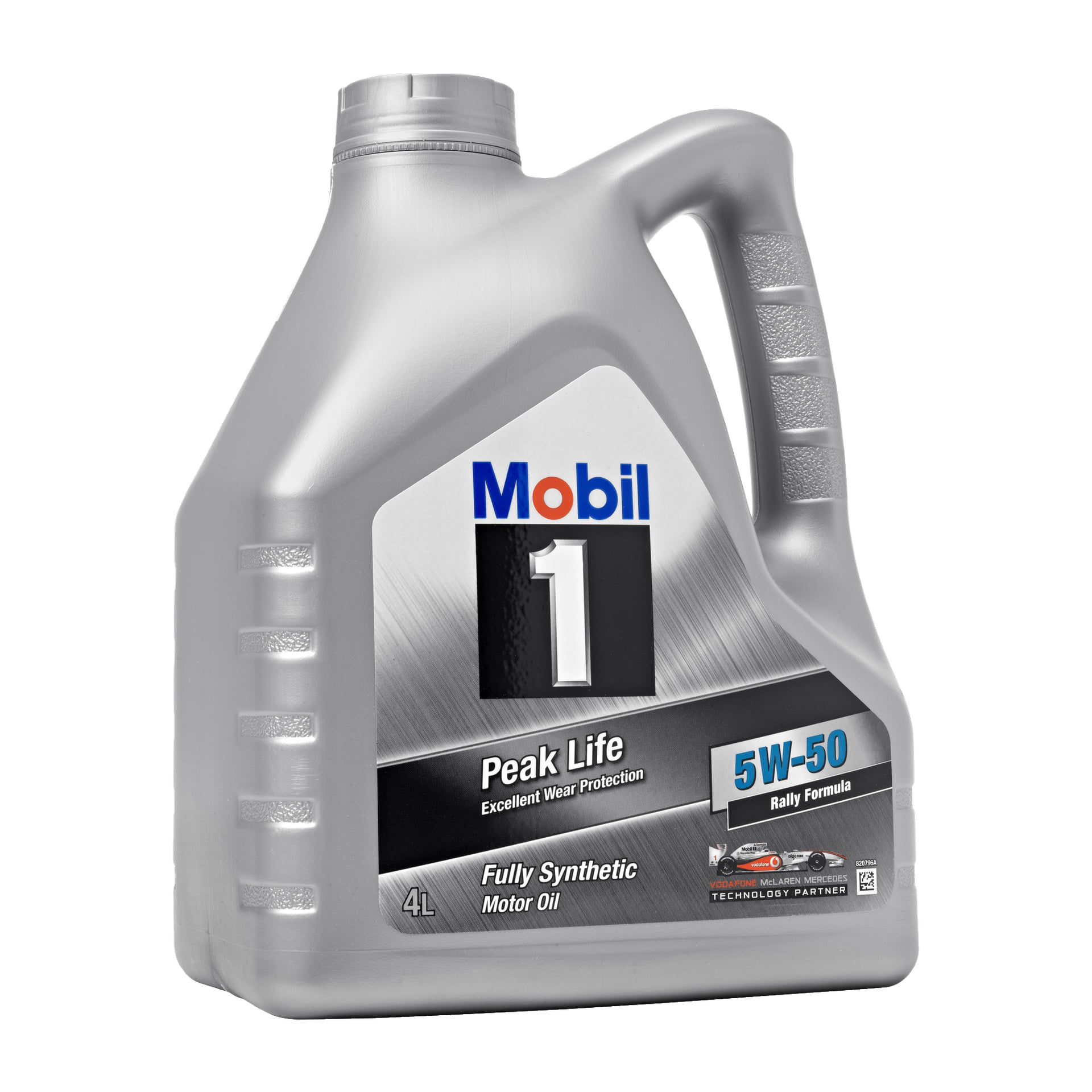 En grå plastbehållare på 4 liter med Hel Peaklife helsyntetisk motorolja, märkt med 5W-50 Rally Formula på etiketten, visad med ett svart lock och synlig produktinformation på framsidan.