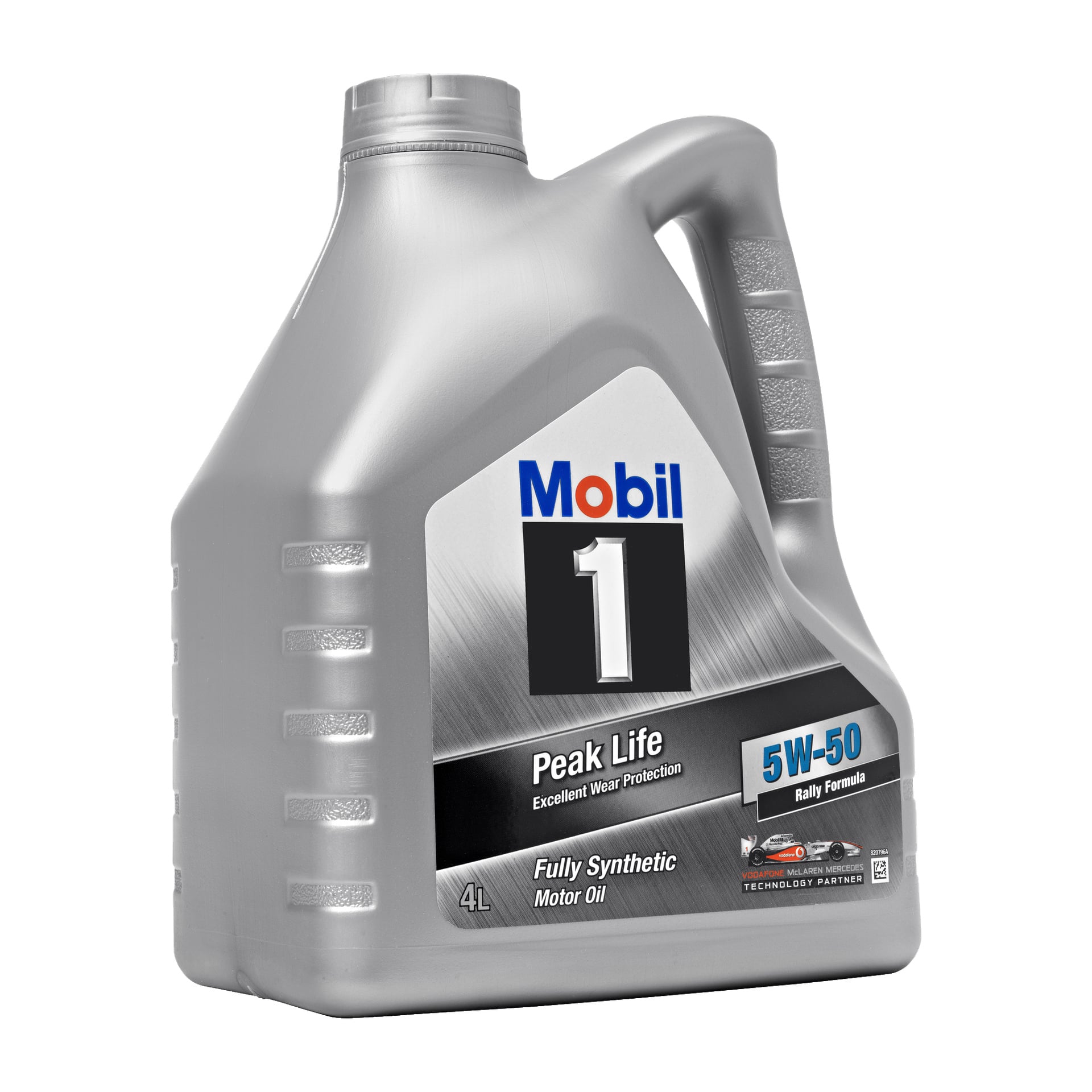 En 4-liters silverbehållare med Mobil Peaklife motorolja, märkt med 5W-50 Rally Formula, med helsyntetisk motorolja och dekorerad med svarta, blå och silverfärgade mönster. Handtaget är placerat på höger sida.