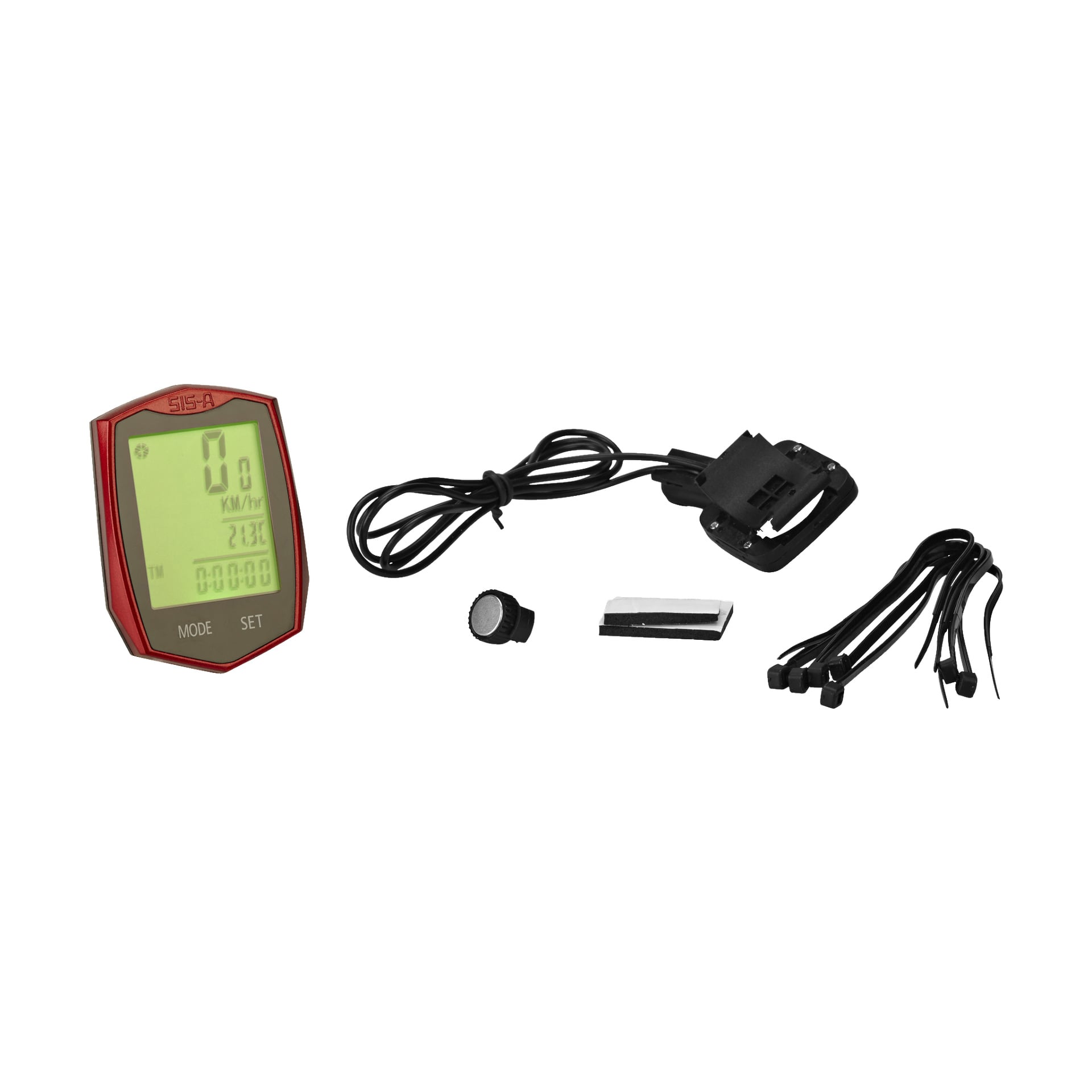 En röd Kayoba Bike-dator med LCD-skärm, sensor, monteringsfäste, magnet, limplatta och flera svarta buntband.