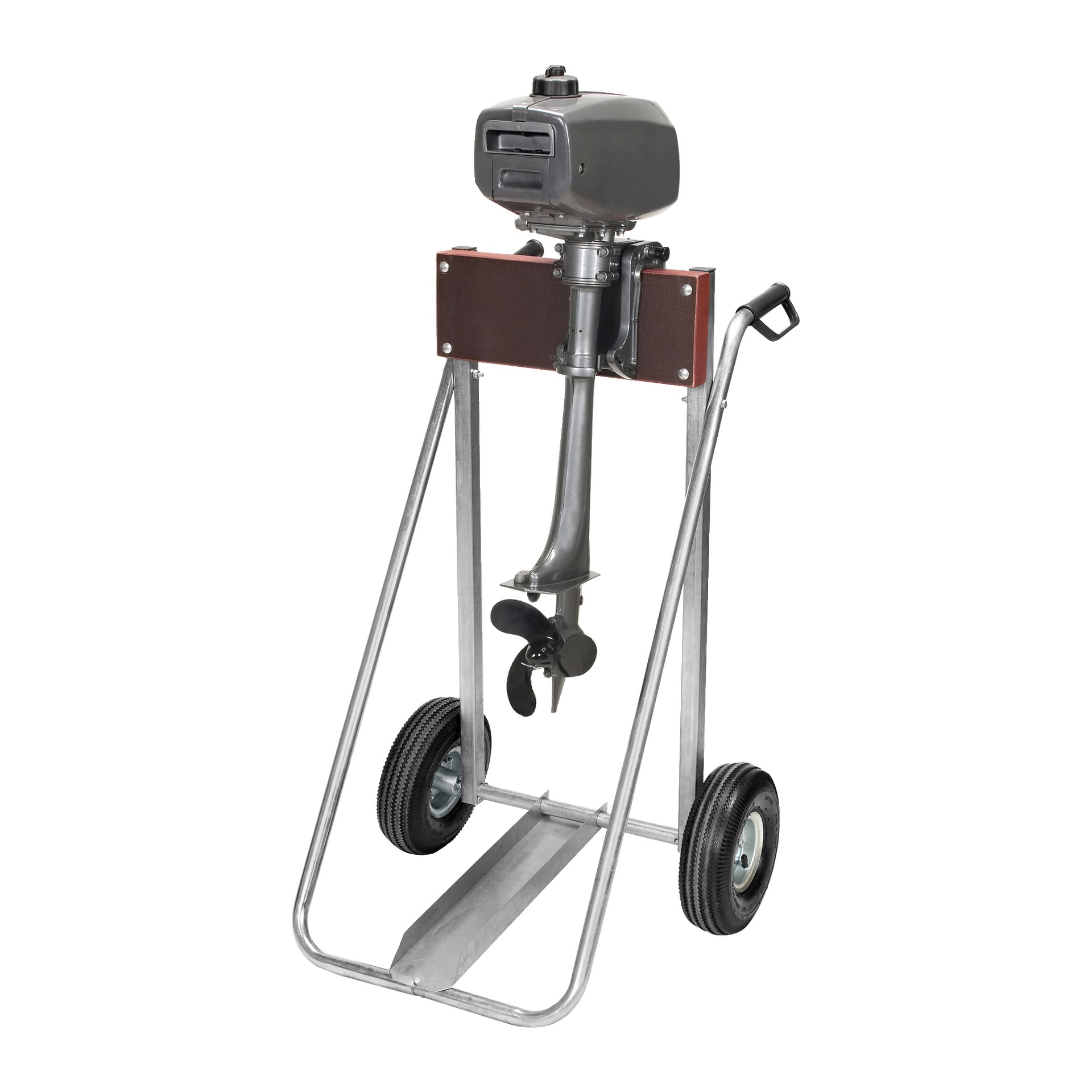 Kayoba Marine Outboard motorvagn har en hållbar metallram, utrustad med två hjul och ett handtag för att enkelt kunna flytta båtens utombordsmotorer. Dess struktur stöder motorn och propellern stadigt, vilket gör dem lätta att nå och se.