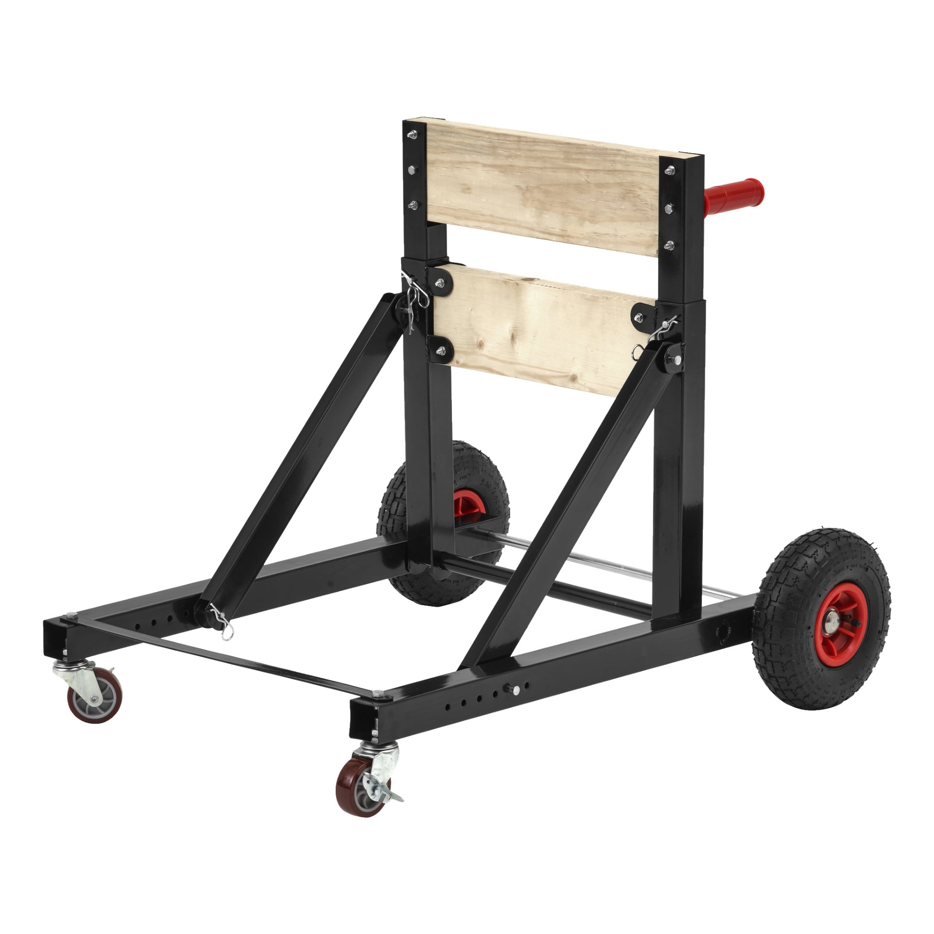 Kayoba Marine Outboard Motor Trolley är byggd med en robust metallram, utrustad med två stora röda och svarta gummihjul bak, två mindre framhjul som kan svänga, och träpaneler monterade vertikalt på ovansidan.