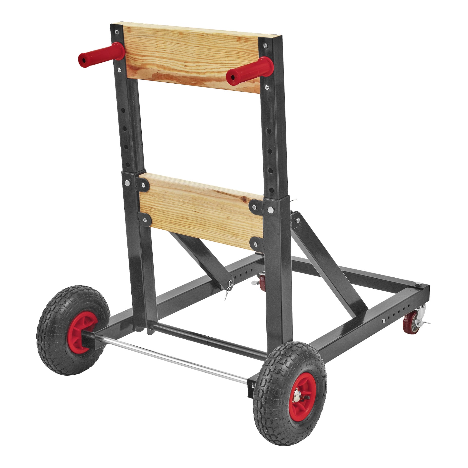 En Kayoba Marine Outboard Motor Trolley med en stadig ram av svart metall och trä, utrustad med två stora hjul med röda fälgar, röda handtag för lätt grepp, justerbar stödstång och en bakre svängbar hjul för extra stabilitet.