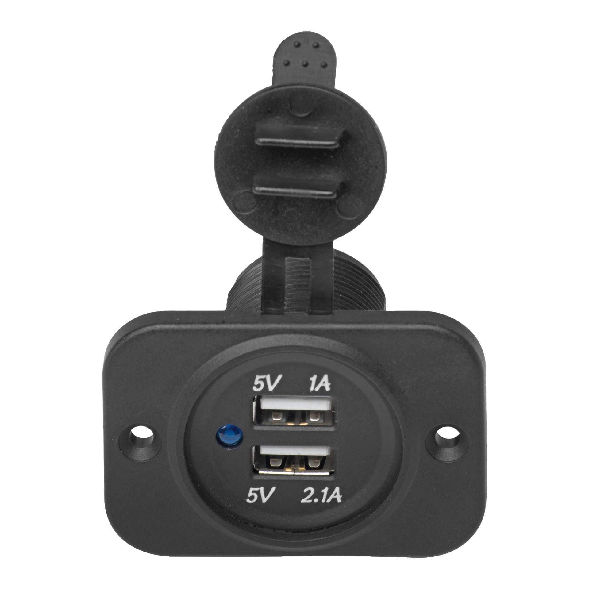 Kayoba Marine USB-liitäntä on musta kaksois-USB-auton laturi, jossa on 5V 1A ja 5V 2.1A portit, sininen merkkivalo ja saranoitu suojakansi porttien yläpuolella.