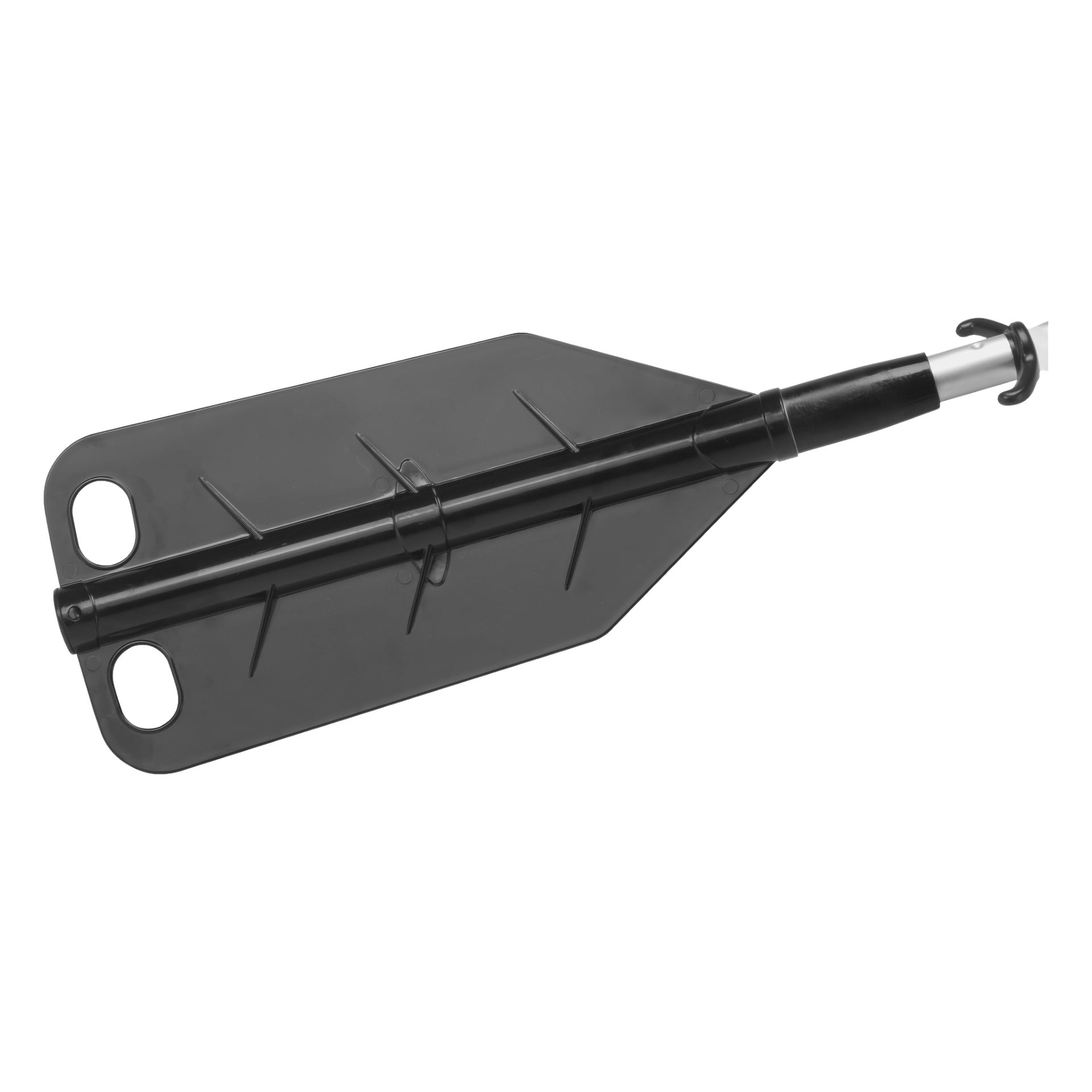 Kayoba Marine Paddle ma czarne plastikowe łopatko z dwoma owalnymi otworami, powierzchniowe żłoby i metalową rękojeść.