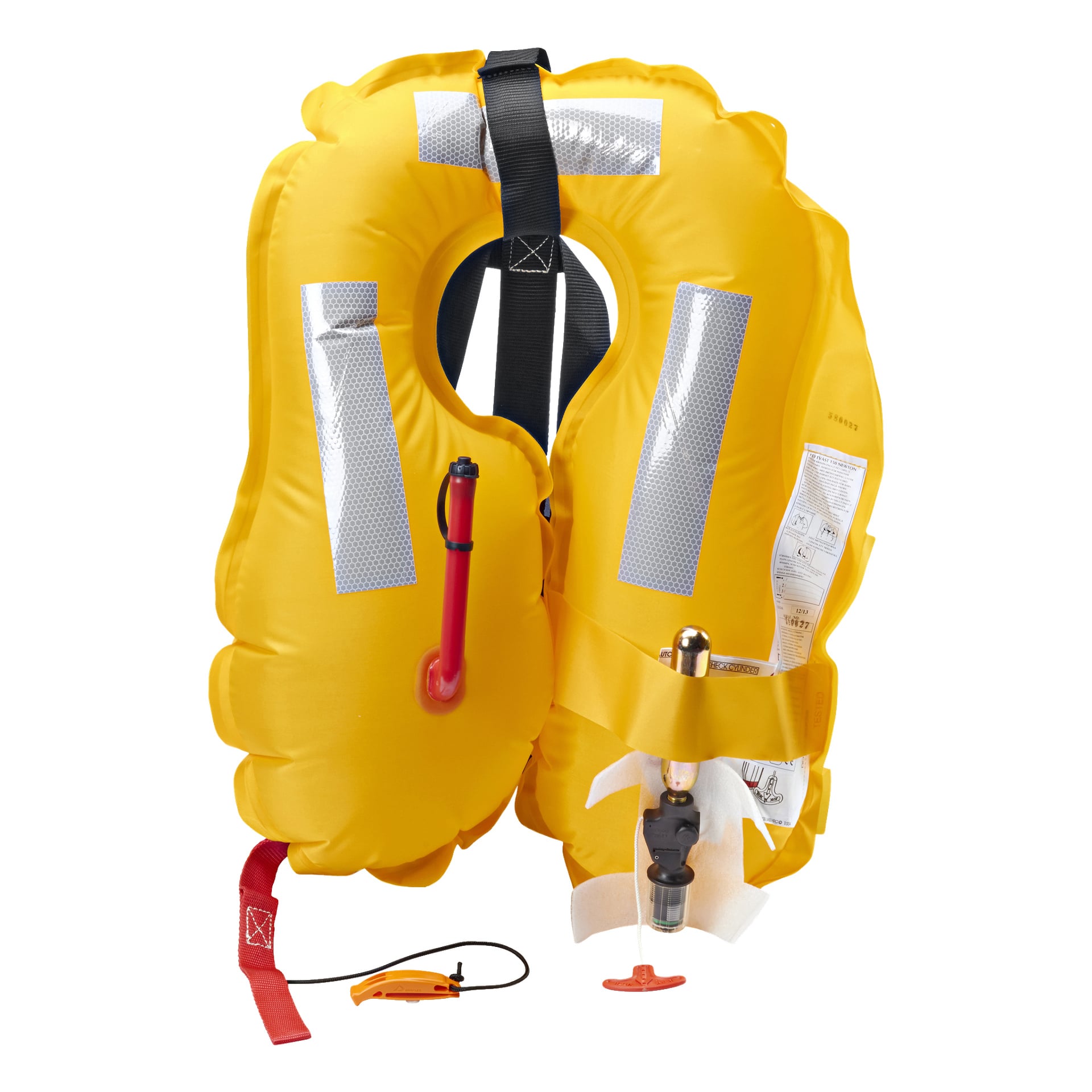 Marine pool Self-inflating -pelastusliivi on keltainen heijastavilla raidoilla, siinä on punainen pilli, CO2-patruunatäytin ja liitteenä oleva ohjetarra, jossa lukee INSTRUCTION LABEL.
