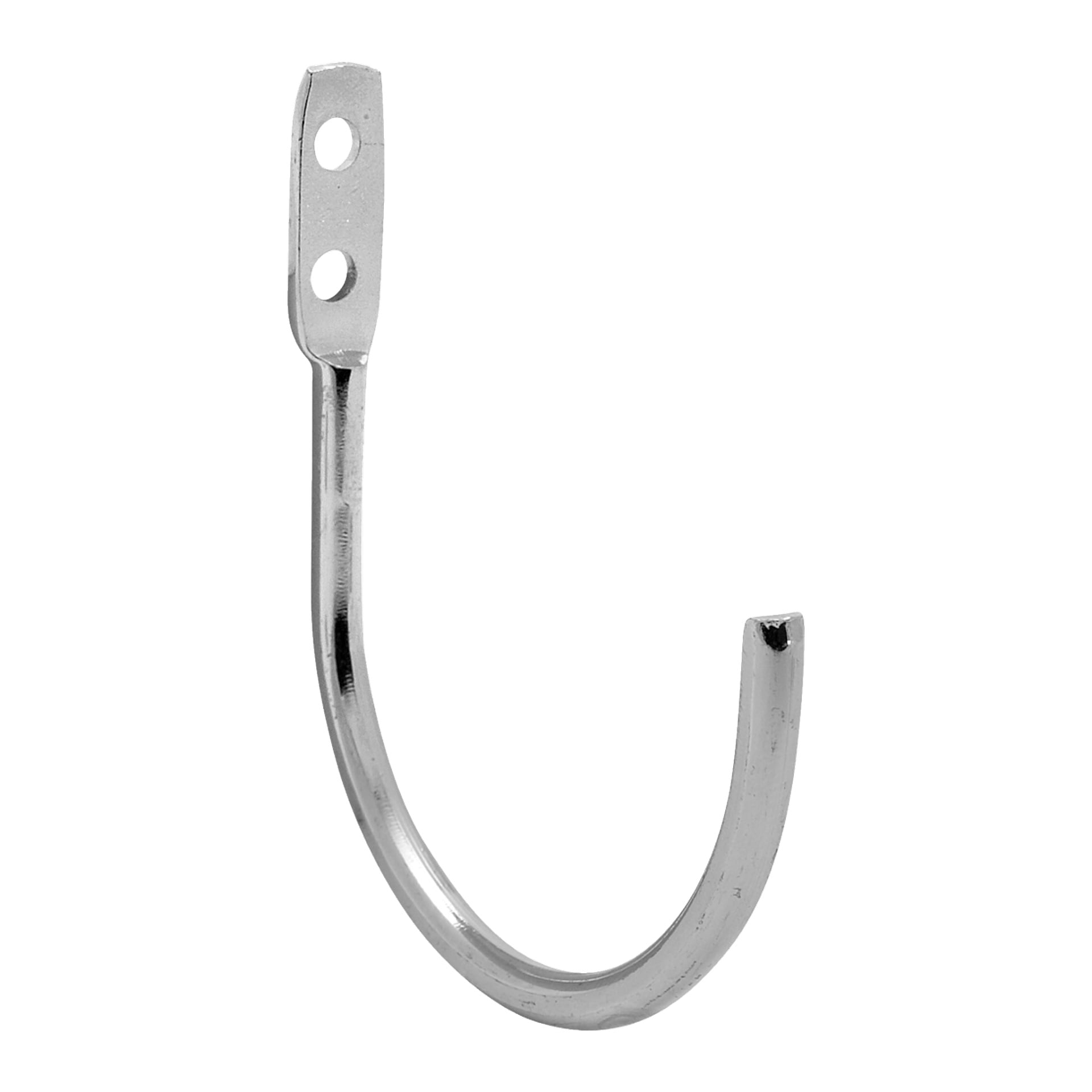 En polerad silvermetallkrok i J-form från Hard Heads Multi-hooks-set, designad för verktygsskivor och med två monteringshål i den platta änden.