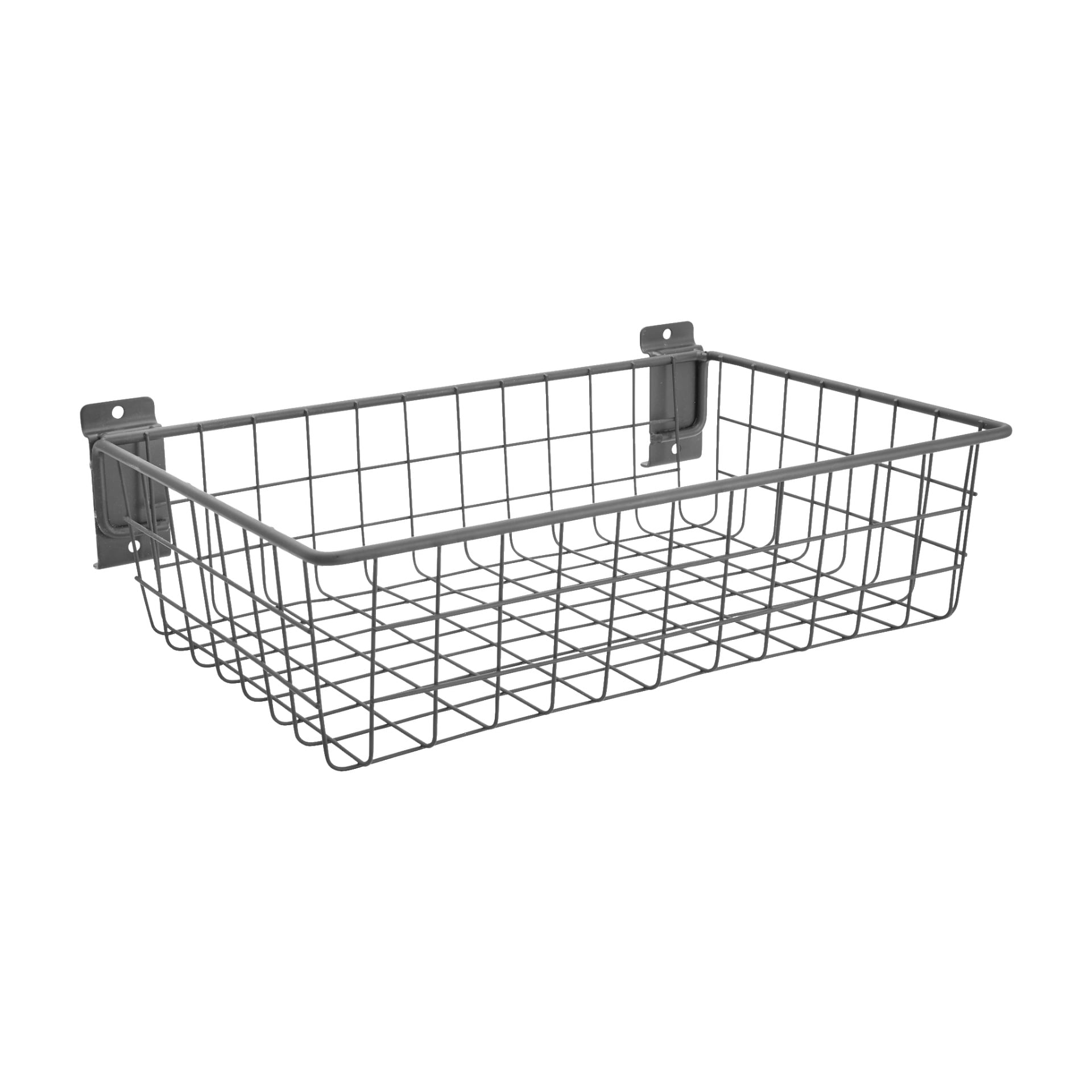 En rektangulär metallkorg med minimalistisk, industriell design och två monteringsfästen på vänster sida för vägginstallation. Korgens inre är tomt, vilket betonar dess funktion som ett organisatoriskt accessoar.