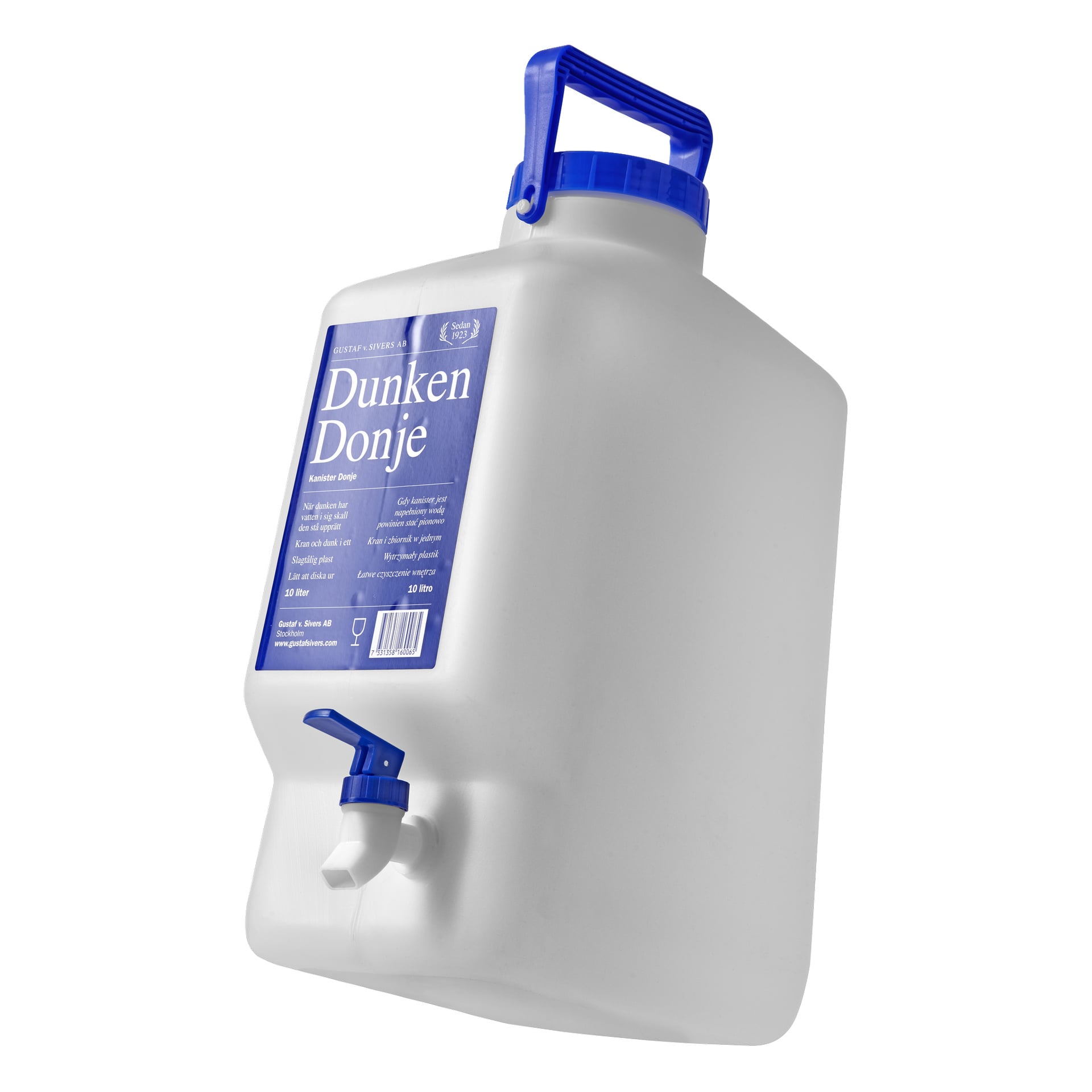 En Gustafvsivers Can Donje vit plastbehållare med blått handtag, lock och kran. En blå etikett med vit text syns på sidan. Behållaren står upprätt.