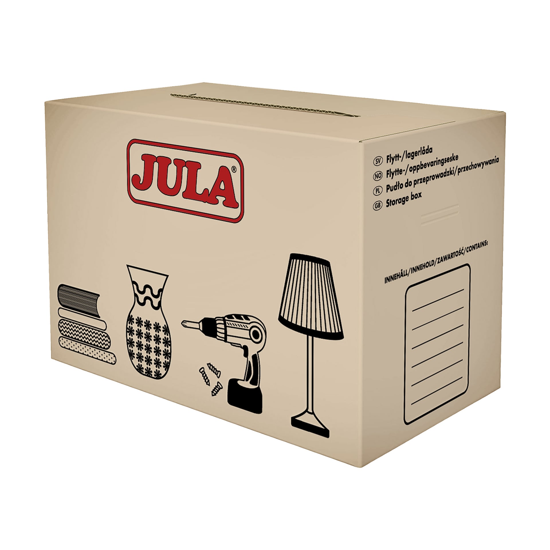 En romslig pappeske merket med Jula-logoen, dekorert med tegninger av en vase, lampe, drill og brettede klær. Det finnes avkrysningsbokser for å angi varekategorier og en linjert seksjon til høyre for å skrive ned innholdet.