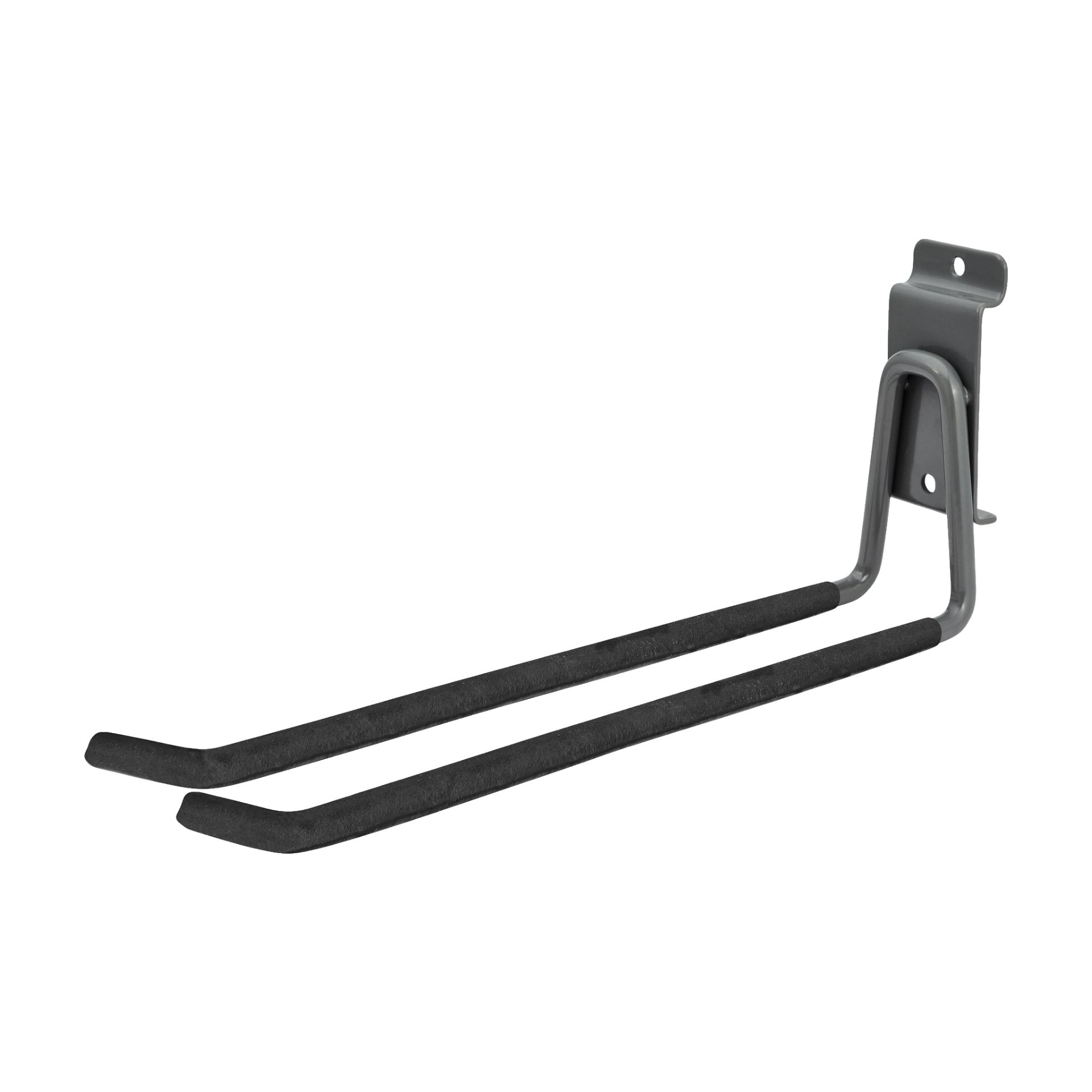 Ett grått metallrack för Hard Head väggmonterat rack designat för snowboard eller skateboard, med två förlängda, gummibelagda parallella armar och en monteringsplatta med två skruvhål. Idealiskt för att förvara brädor prydligt förvarade och organiserade i garage eller förvaringsutrymmen.