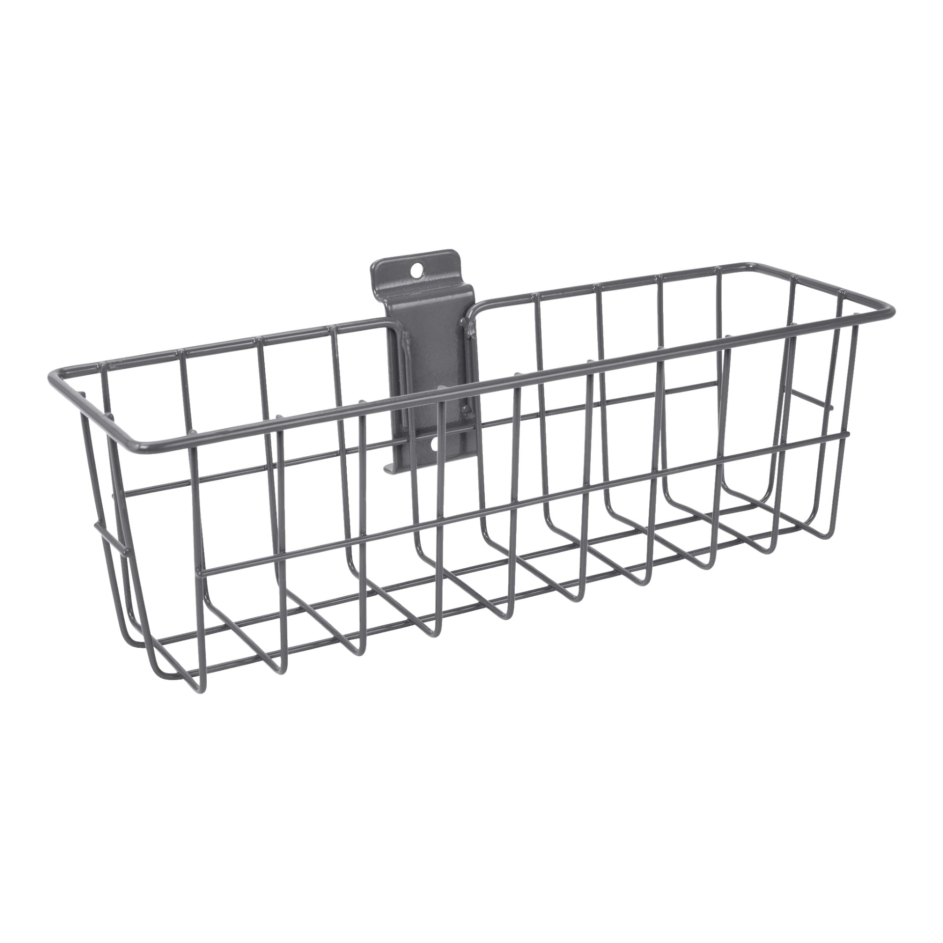 Hard Head Wire Basket to prostokątny metalowy kosz wykonany z otwartej siatki przewodowej, wyposażony w płytkę montażową i otwór na wisienie, ustawiony poziomo.